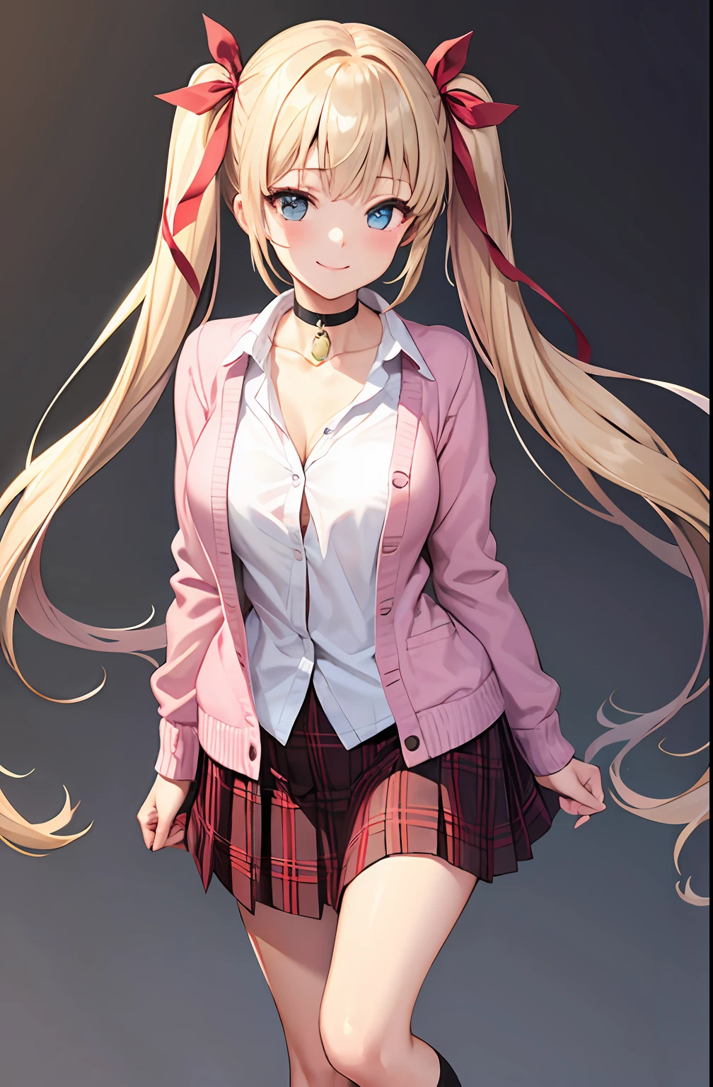 1girl, bangs, black_choker, slouched ankle socks, red bow, red_ribbon, platinum blonde_hair, blue_eyes, blush, bra, large breasts, choker, collarbone, collared_shirt, full_body, grey_background, hair_ribbon, long_hair, twintails, hair ribbon, looking_at_viewer, red pink plaid, plaid_skirt, pleated_skirt, ribbon, pink cardigan, skirt, smile, solo, standing, twintails, underwear, wristband