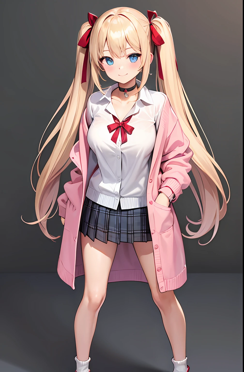 1girl, bangs, black_choker, slouched ankle socks, red bow, red_ribbon, platinum blonde_hair, blue_eyes, blush, bra, large breasts, choker, collarbone, collared_shirt, full_body, grey_background, hair_ribbon, long_hair, twintails, hair ribbon, looking_at_viewer, red pink plaid, plaid_skirt, pleated_skirt, ribbon, pink cardigan, skirt, smile, solo, standing, twintails, underwear, wristband