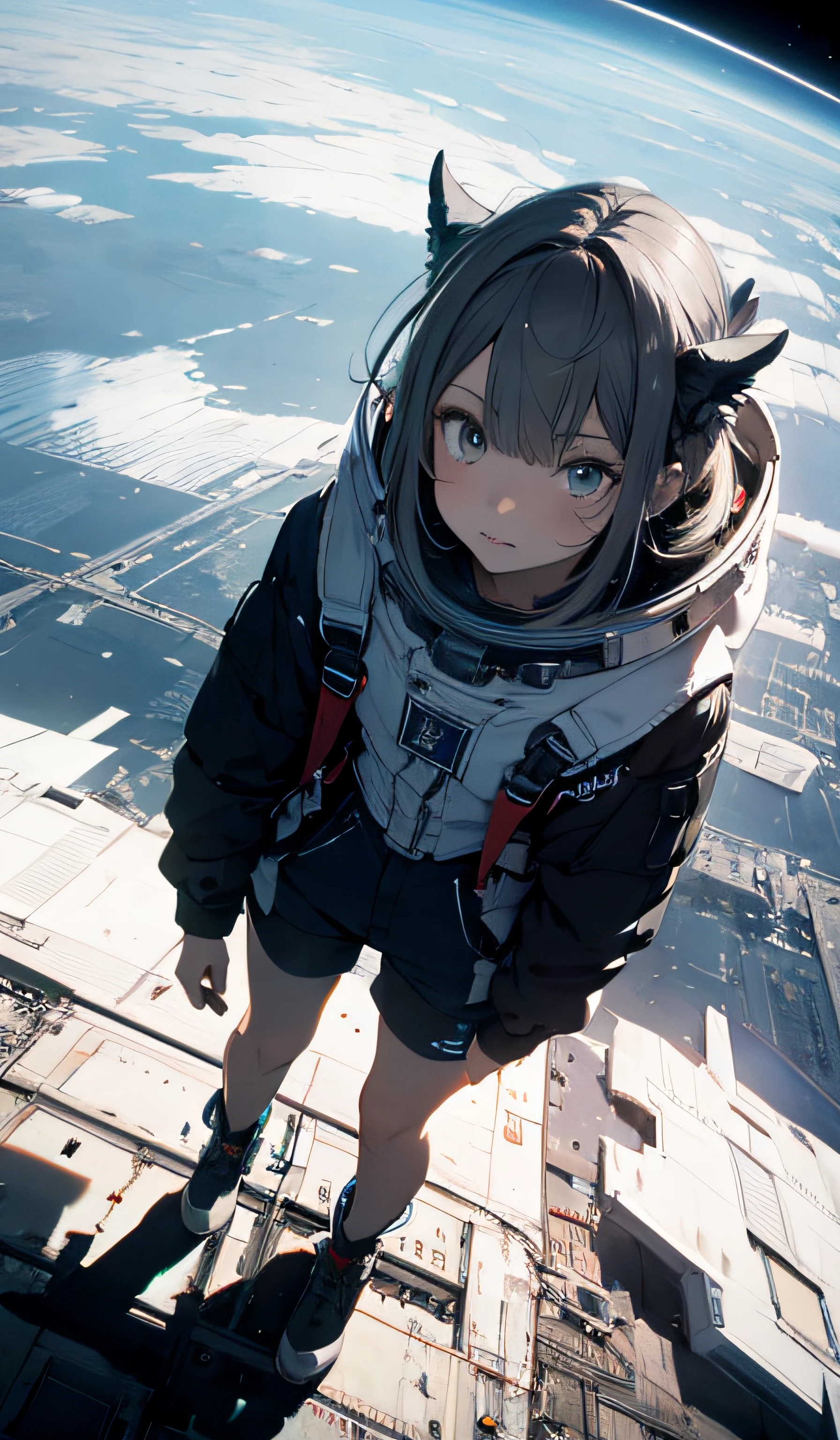absurd res, high res, (masterpiece:1.4), ultra-detailed, 1girl, from above, space, floating