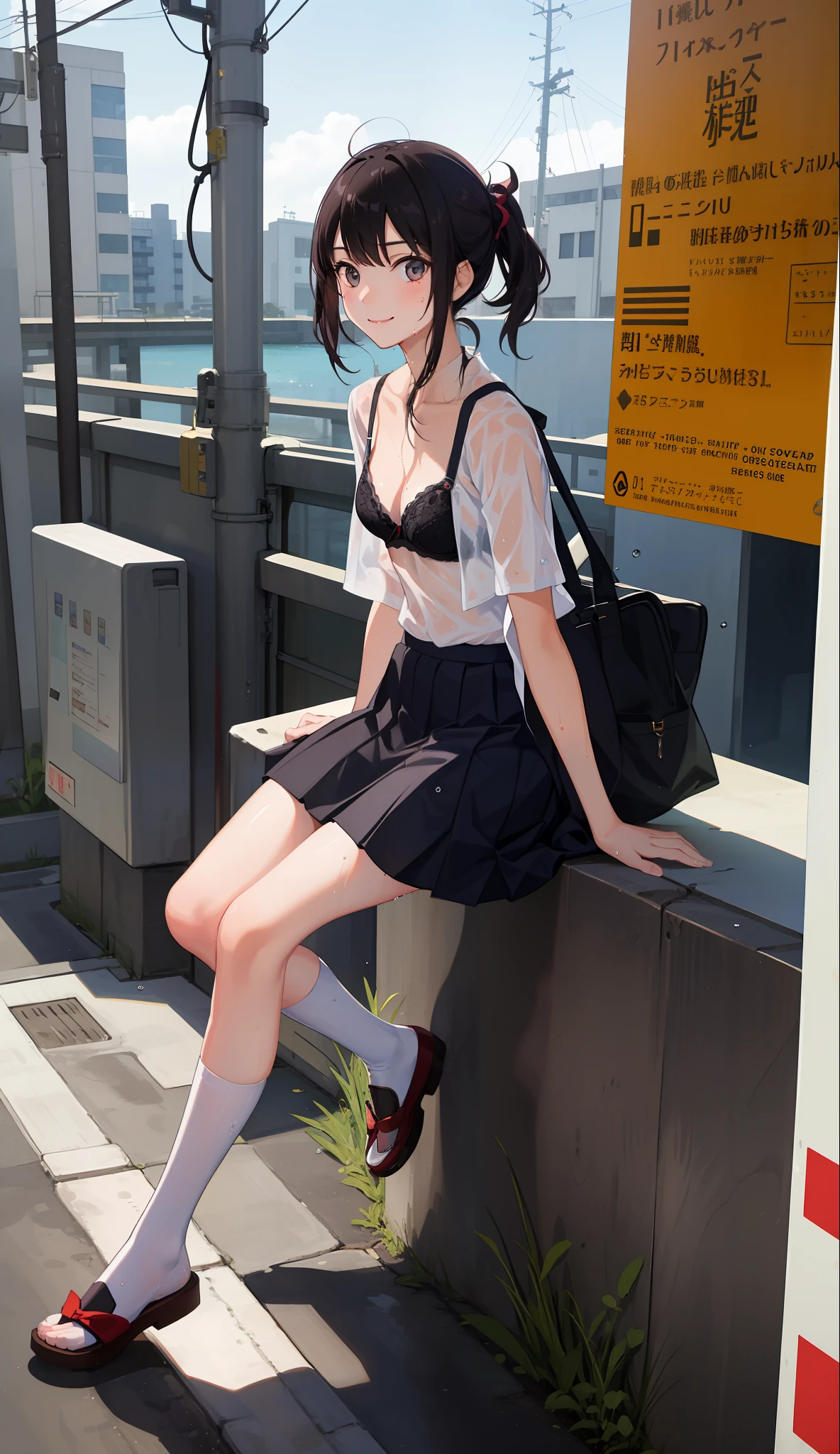 1 girl, smile, shirt, skirt, (small) chiralism, Japan high school school uniform, seravuk, summer clothes, squall-wet uniform, sheer bra, (portrait from knee up),