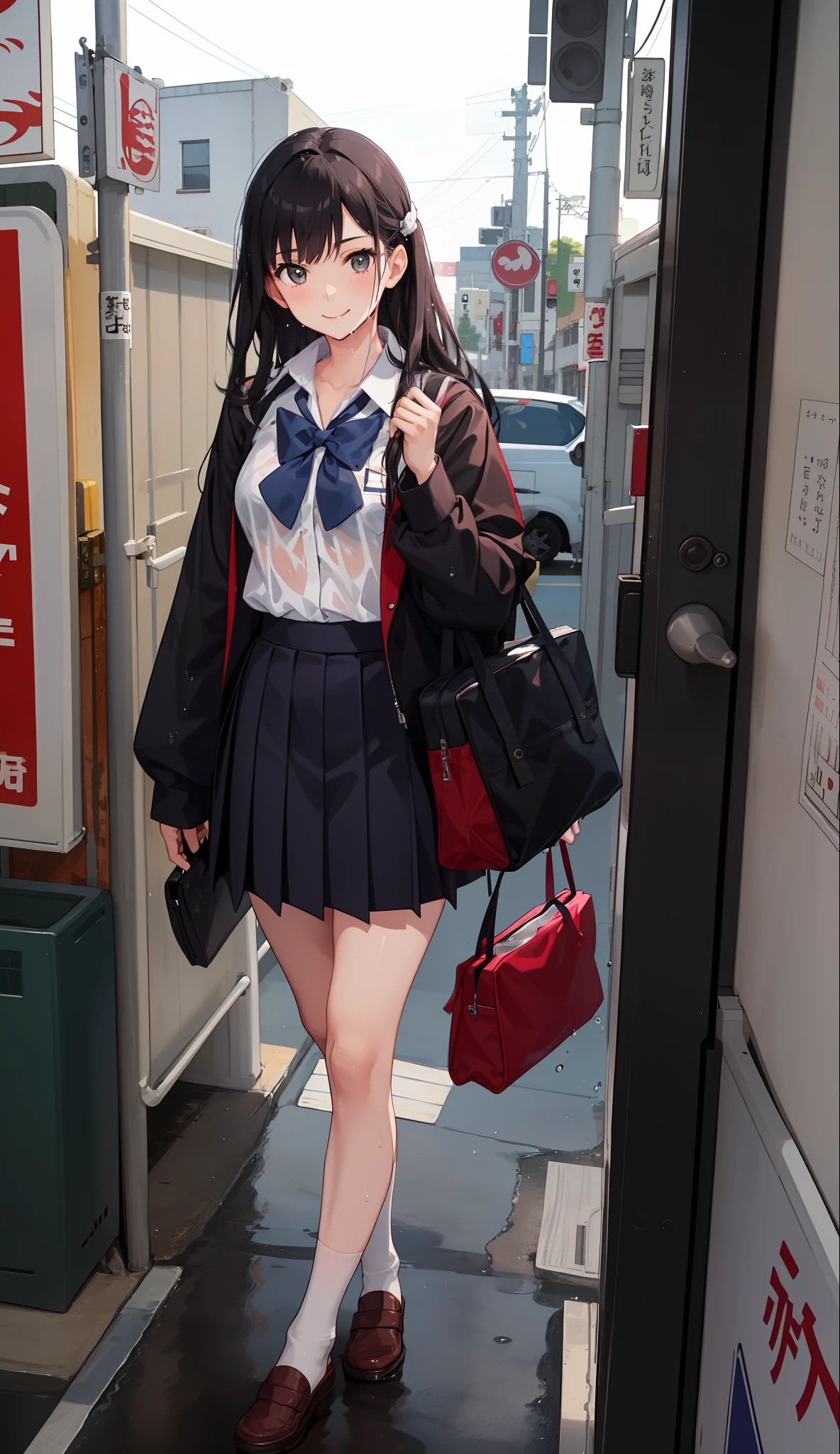 1 girl, smile, shirt, skirt, (small) chiralism, Japan high school school uniform, seravuk, summer clothes, squall-wet uniform, sheer bra, (portrait from knee up),