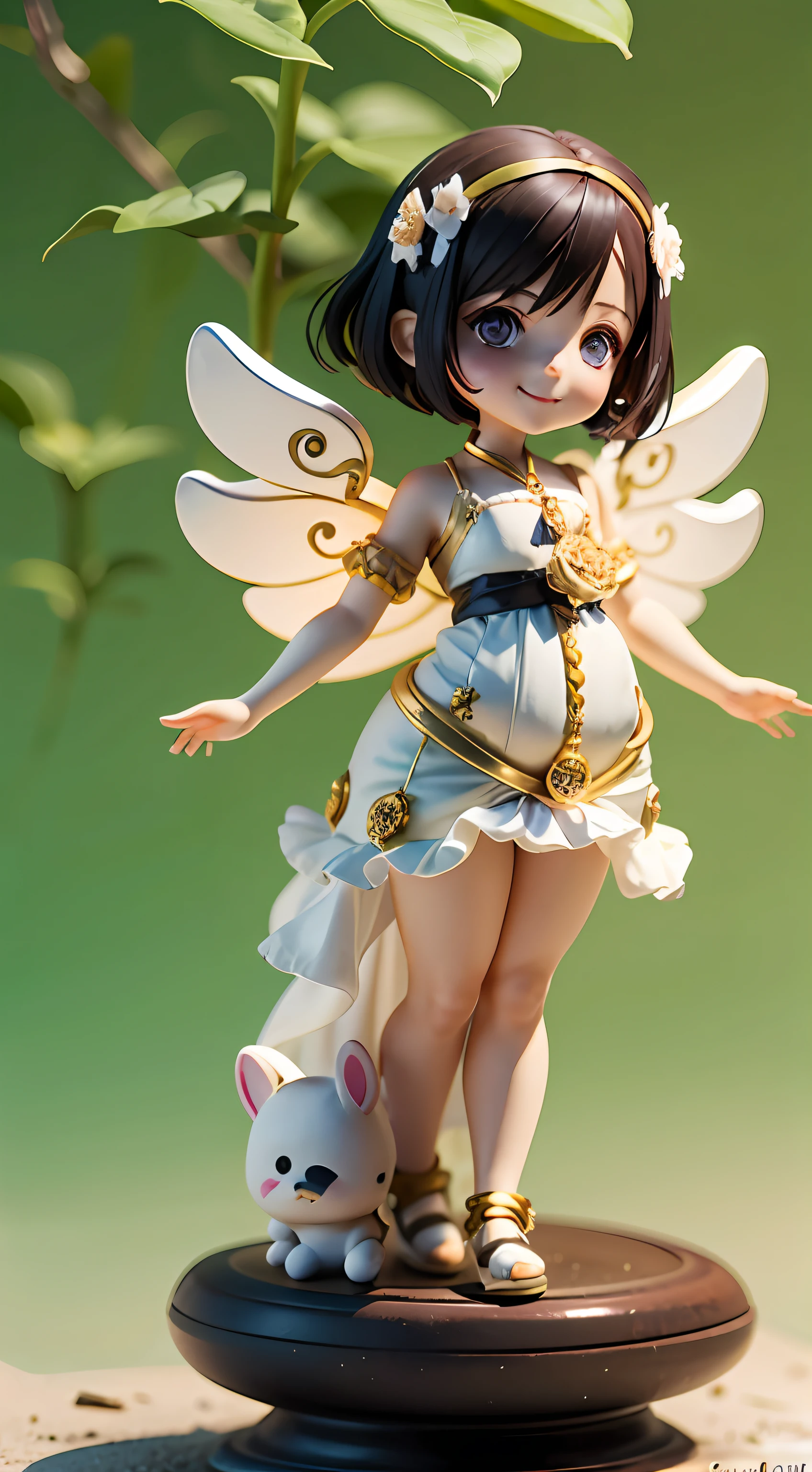 big arm, SHE IS A CHEF ((best quality)), ((masterpiece)), ( extreme detailed, highest detailed, official art ), depth, CHIBI, Cute, (beautiful and detailed eye:1) , small head and high 158 cm, 68 kilogram, look rather fat body, short hair with black colour, white teeth smile bright with big limbs, bokeh, bloom, background , fairy, (full body:1.5), photography, cinematic lighting, golden ratio