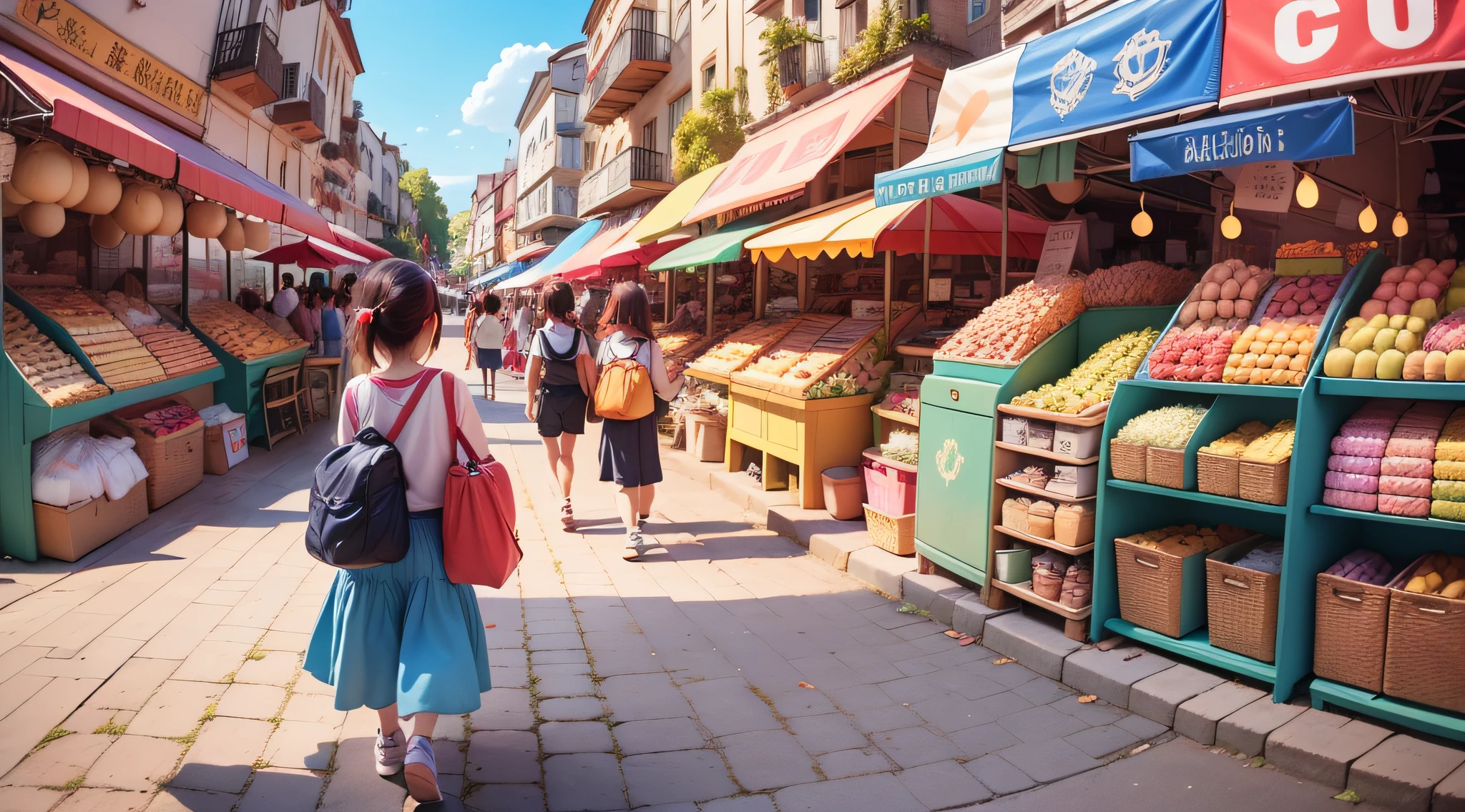 A lively market, a cute child carrying a school bag is visiting the market, on the left and right are lively stalls, the background is blue sky, close-up of children's characters, colorful colors, summer lively market, market background, overhead lens, fisheye lens, game scene