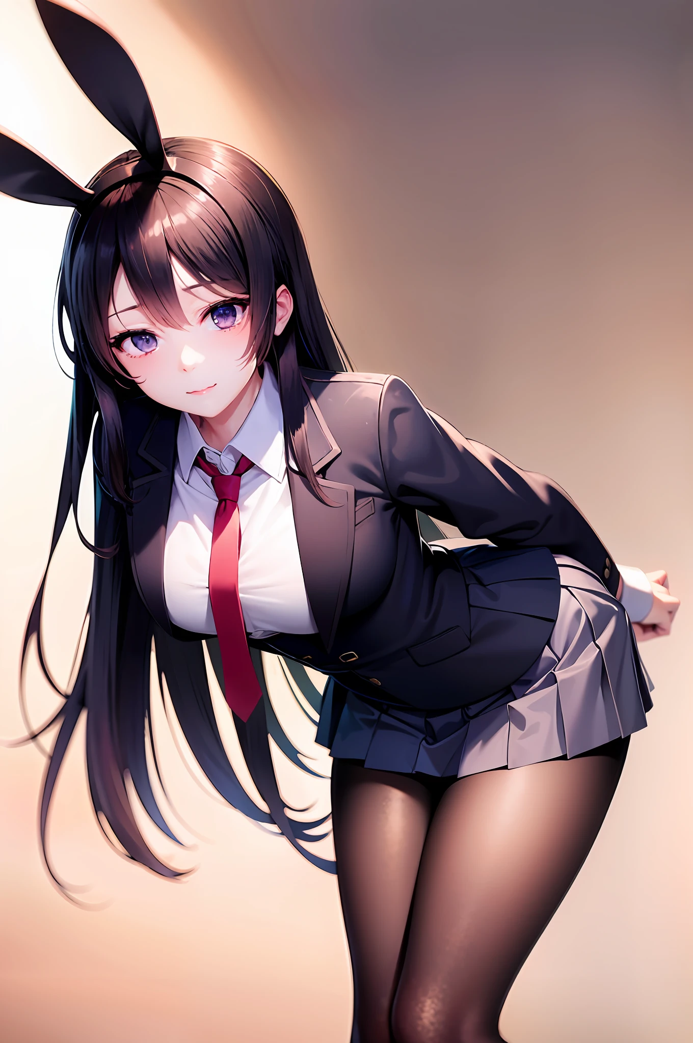 School uniform, white shirt, pantyhose, pleated skirt, tie, rabbit ears, Mai sauce, faint smile, mid_breats, best quality