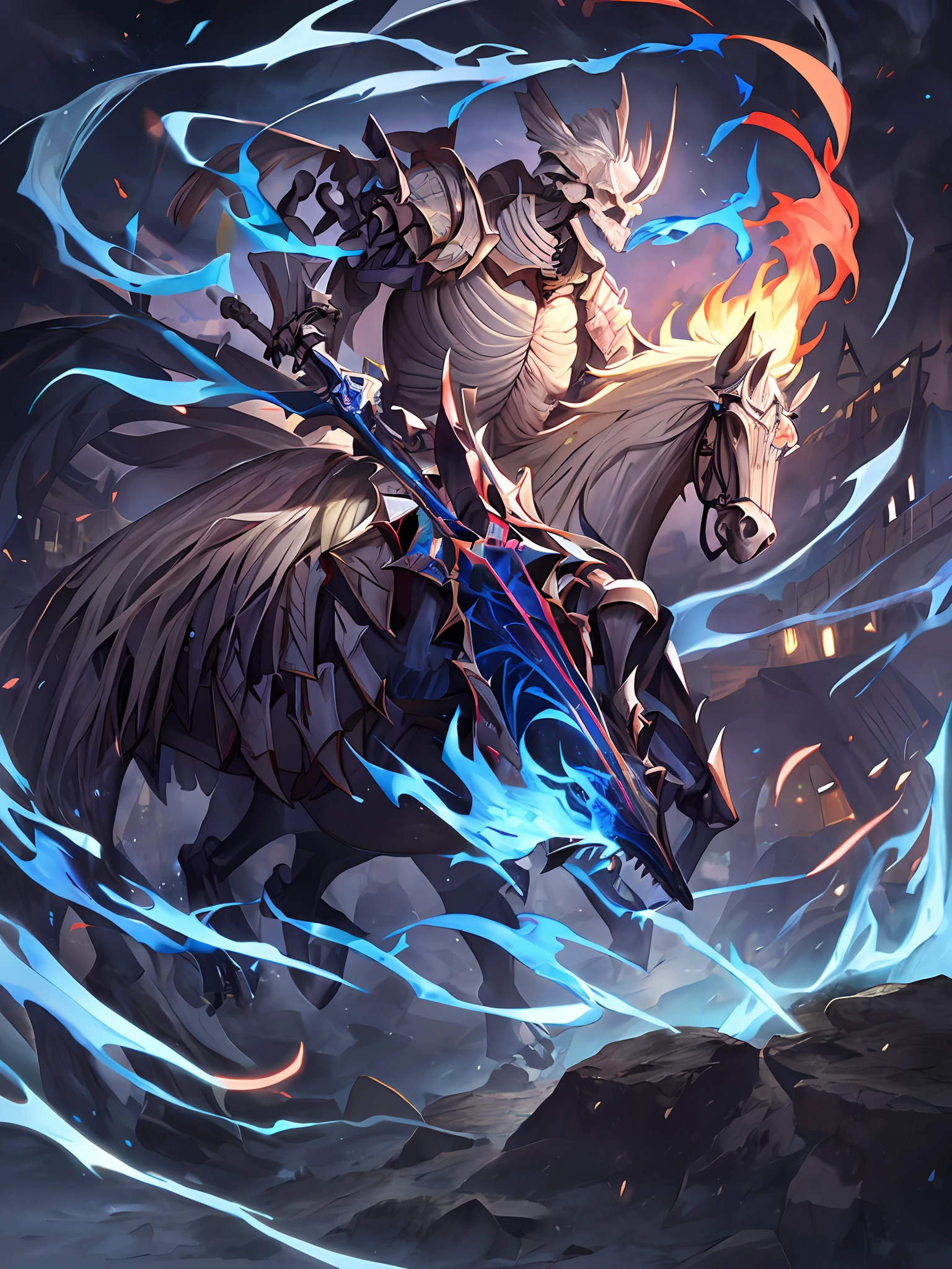 {{master masterpiece}}，illustartion，BestQuality，极其详细的CG Unity 8k壁纸，(Whole body skeleton:1.5), Medieval European villages,blue flame, body on fire, burning village,(Central European knight armor:1.2),Pike,Combustion,BLAZE,After the battle, (blue flame:1.2),Necromancer,in the night, riding horse, raising weapons, knights，Sword in hand, eyes blazing,