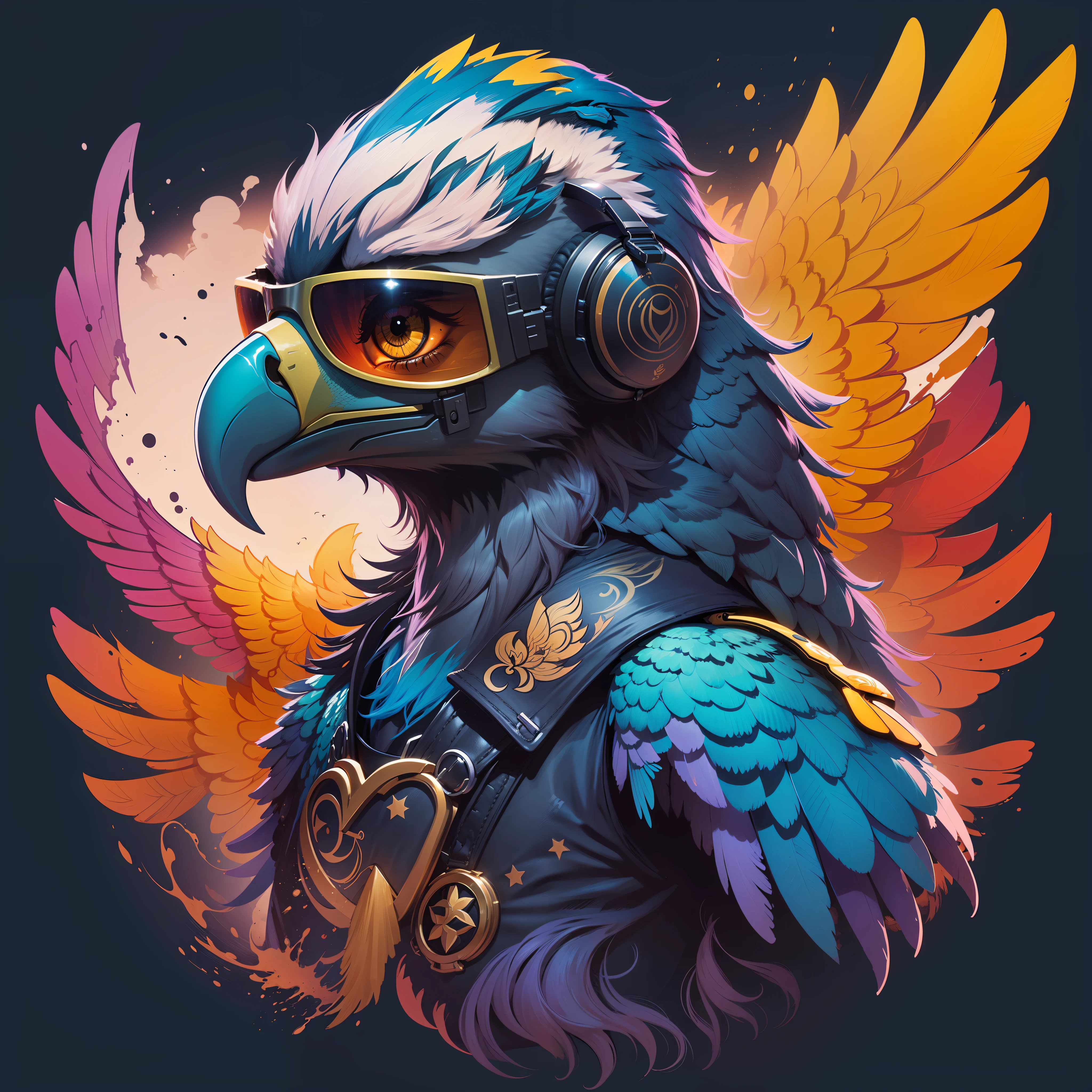 T-shirt design, genshin impact graphic, vector, A Eagle Wearing Sunglass and wearing a headphone, Vivid colors