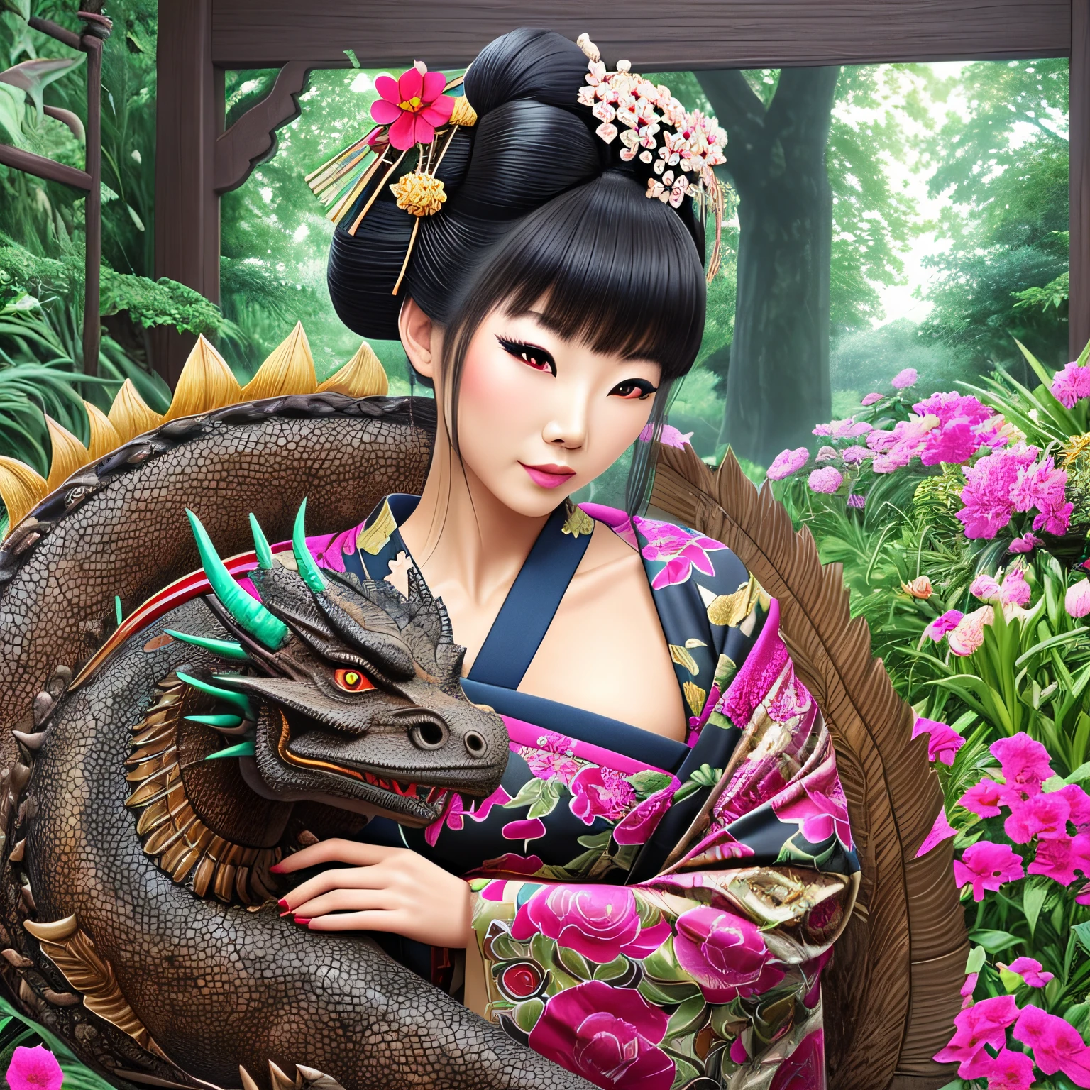 Beautiful geisha with a huge black oriental dragon rich in detail in the background a garden