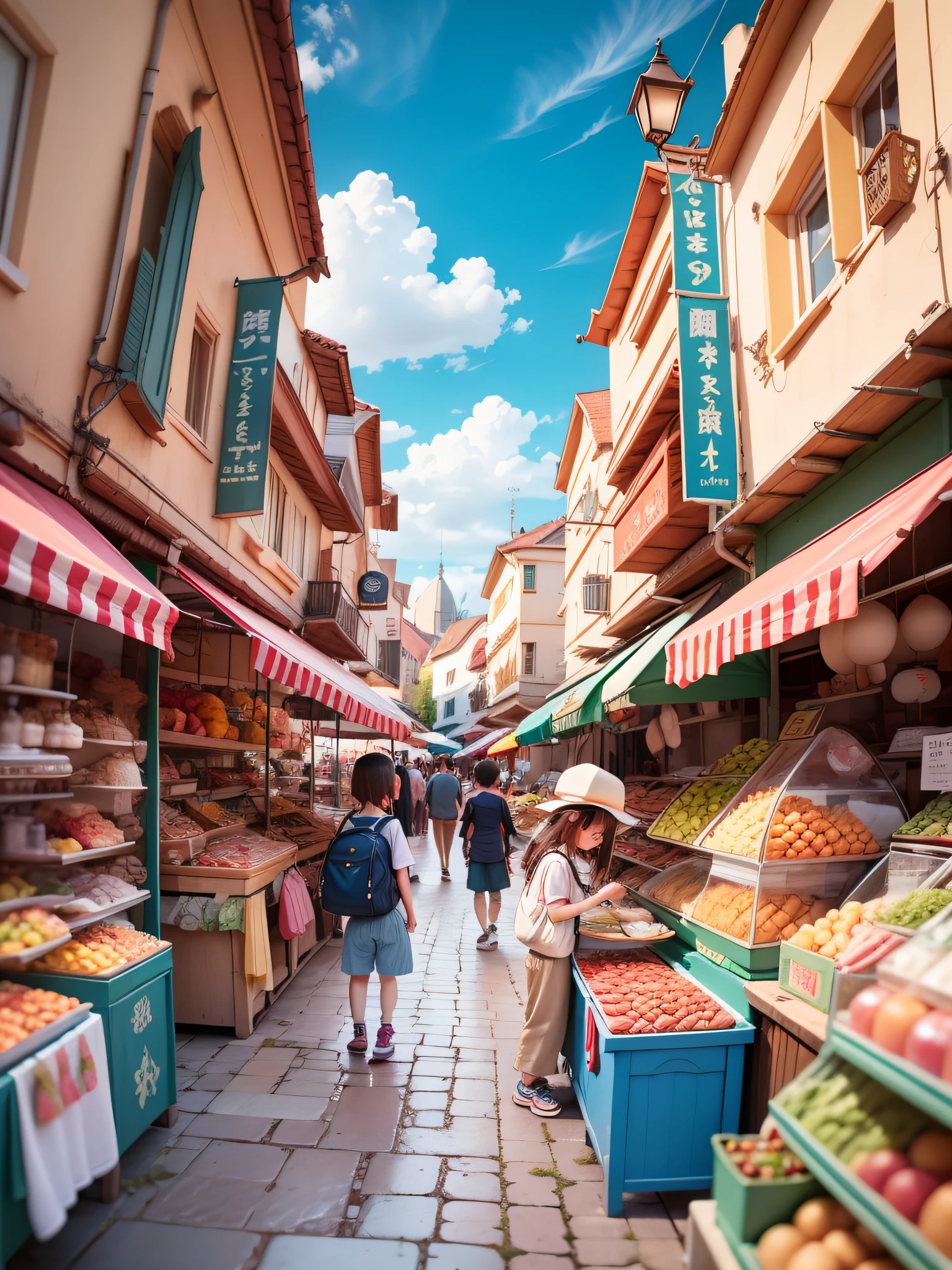 A lively market, a cute  carrying a schoolbag is visiting the market, on the left and right are lively stalls, the background is blue sky, close-up of children's characters, colorful colors, summer lively market, market background, overhead lens, fisheye lens, curved architecture, depth of field effect, game scene, do not appear other characters except the littl