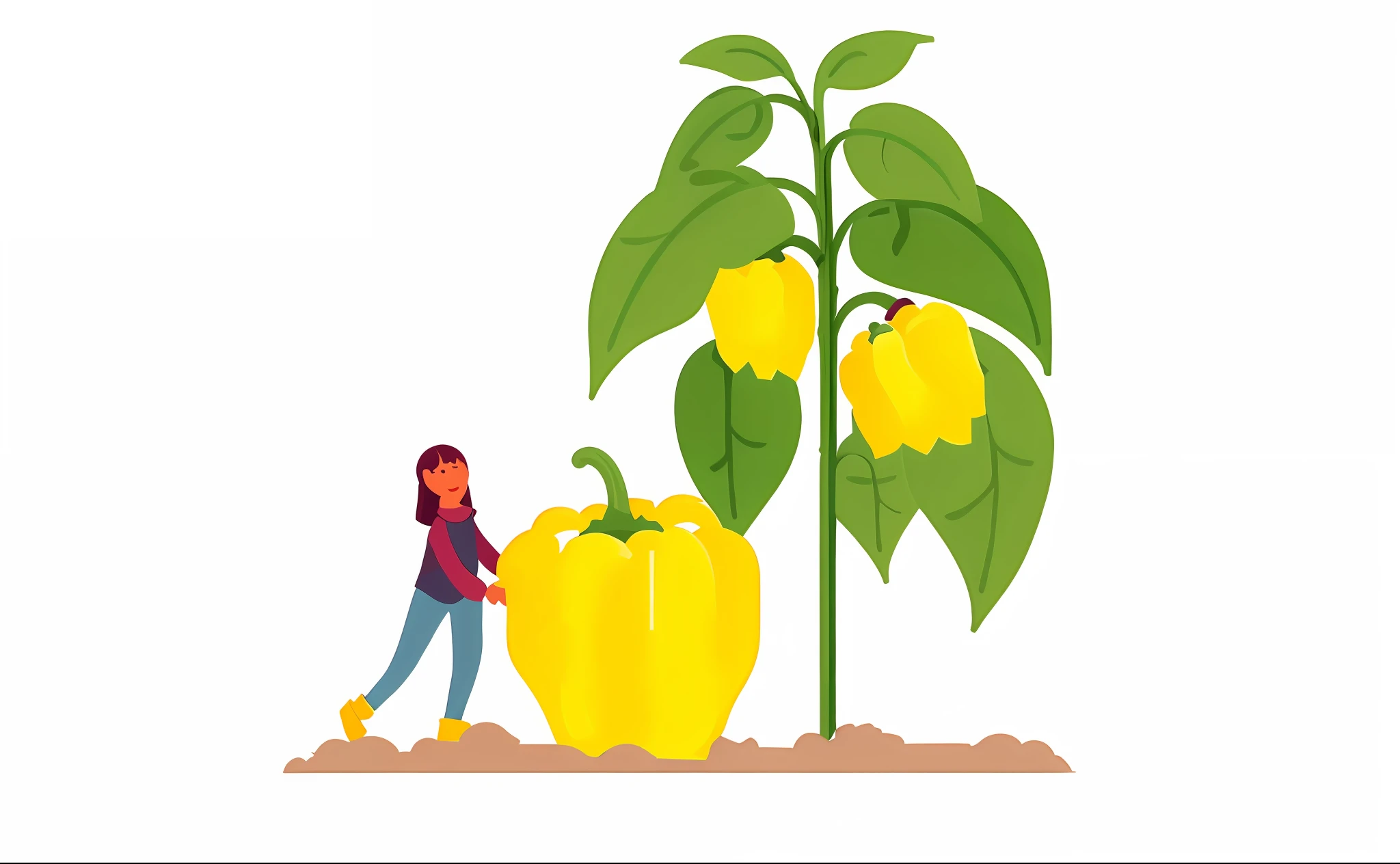 a woman is standing next to a large yellow pepper plant, simple illustration, illustration!, illustration”, flat illustration, svg illustration, exciting illustration, color illustration, accurate illustration, 🐿🍸🍋, ilustration, courful illustration, vector illustration, illustration], illustration detailed, accurate depiction, graphic illustration, permaculture, illutstration, fine illustration