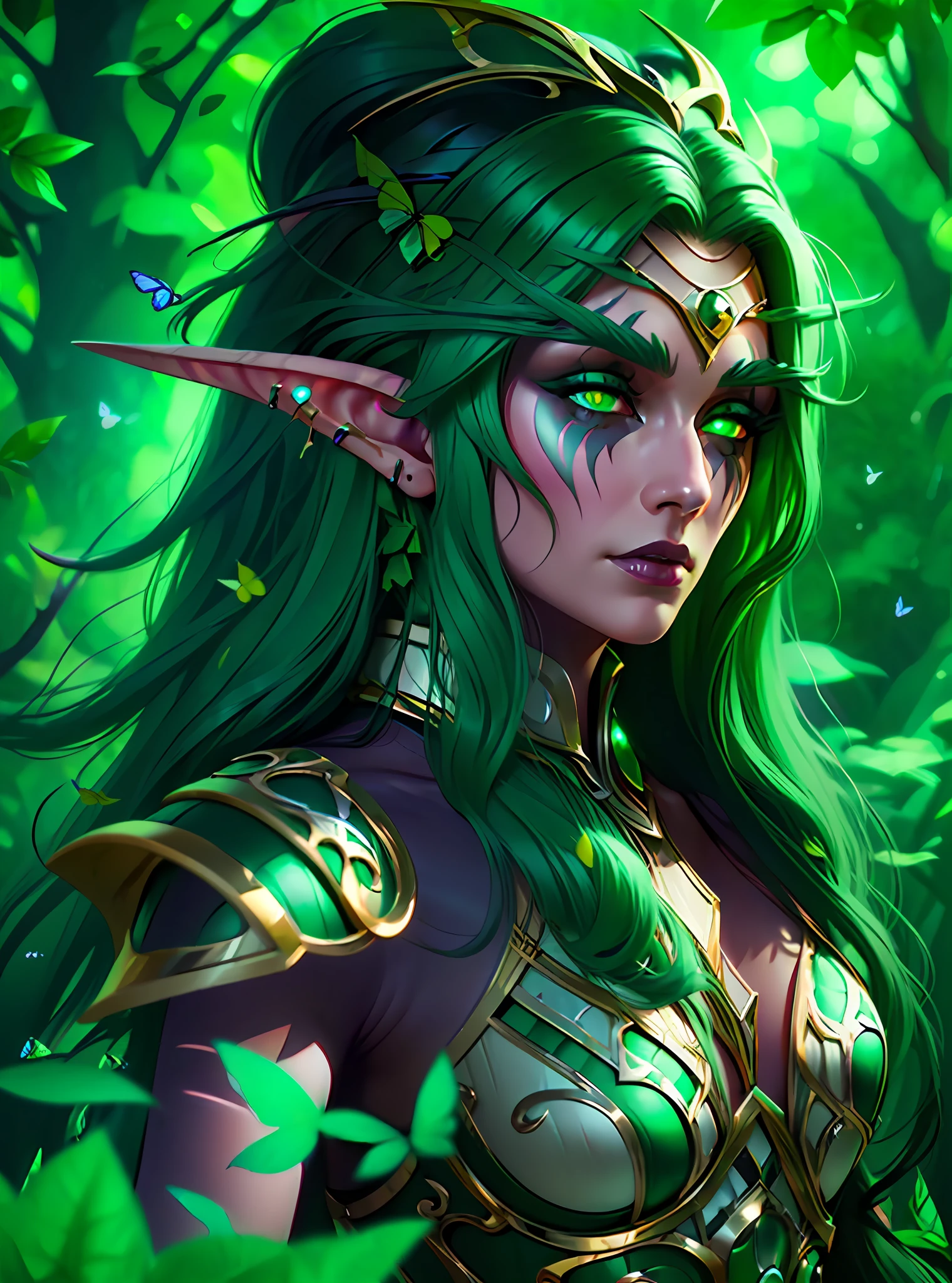 (((Masterpiece, high quality)))), first quality, elf, long hair loose and black, green eyes, short battle armor in gold and black detail, large bow on his golden and emerald green head, in a light green forest, butterflies shining, large roots of trees ((cinematic light))