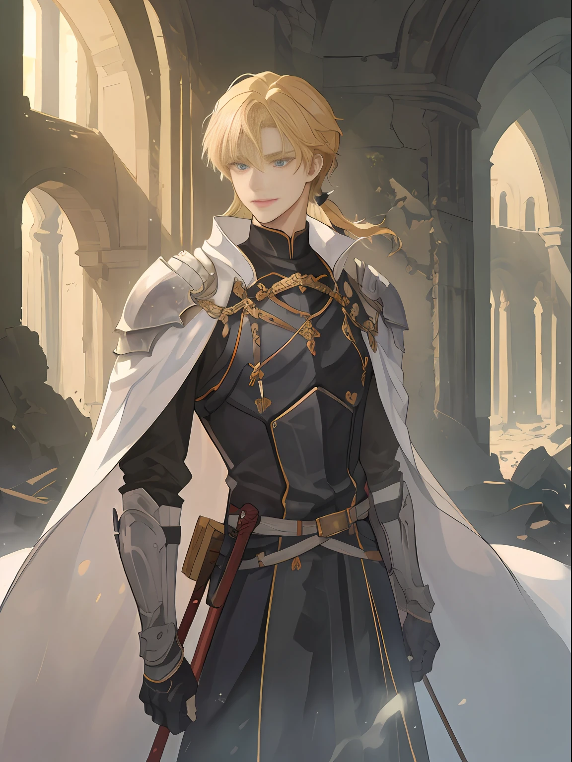 ((top quality, masterpiece)), (two men), amid the ruins, silence drifts. Light shines in and illuminates a dimly lit space. In its center stands a beautiful man wizard with blond long hair dressed in a white robe. His robe has worn out, but has not lost its elegance. His face is filled with the light of knowledge and power, and his eyes shine with magic. He holds a wand in his hand, and a faint magical energy leaks out of it.
Beside the wizard stands a fearless short-haired black-haired male knight dressed in black armor. His armor is riddled with scratches, and traces of combat emerge. A stern expression is carved on the knight's face, and his eyes shine sharply. In his hand is a sword, the blade of which burns with fighting spirit.
They look at each other, but it can be felt that some common purpose or destiny binds them together. The walls of the ruins are carved with ancient characters and paintings, and the stories of their adventures may be engraved here.
The surrounding ruins consist of decaying walls and crumbling pillars, creating a mysterious atmosphere. In the dim light, it depicts a wizard and a knight standing together. Watercolor, Otaku Gangasta, Sirius A and Sirius B, from high quality fan art, fantasy, Scripted Academia, epic anime style, detailed fan art, illustrations, Akihiko Inoue and Los Tran, flowers, smiles,