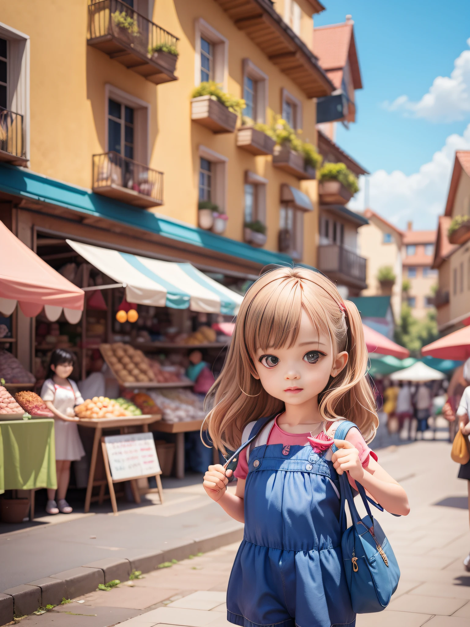 A lively market, a cute child carrying a schoolbag is visiting the market, on the left and right are lively stalls, the background is blue sky, close-up of children's characters, colorful colors, summer lively market, market background, overhead lens, fisheye lens, curved architecture, depth of field effect, game scene, do not appear other characters except the little boy