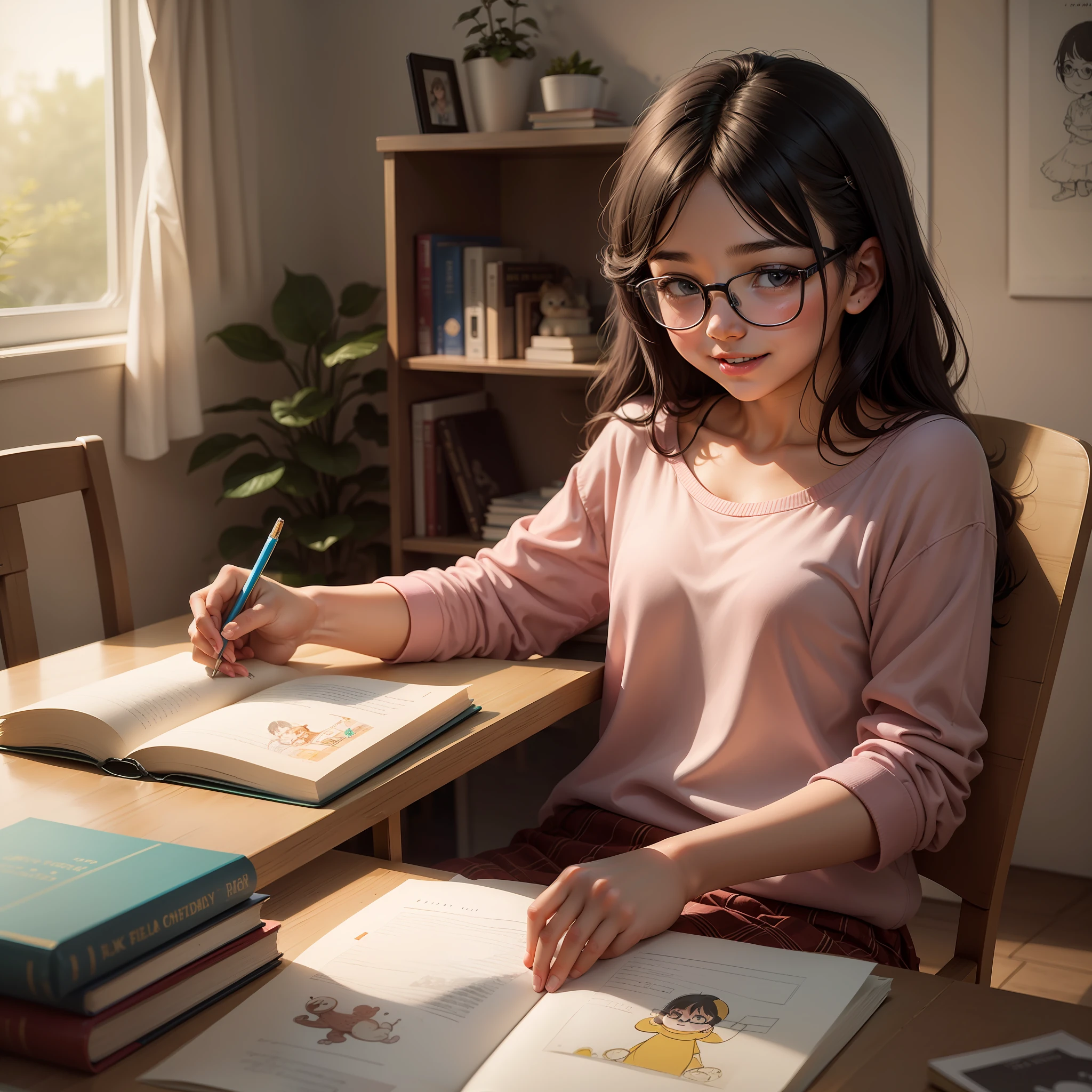 -yeld gi black hair, eyeglasses, appeared cheerful, ultra detailed, children's drawing(((solo)))))in her room, reading a book