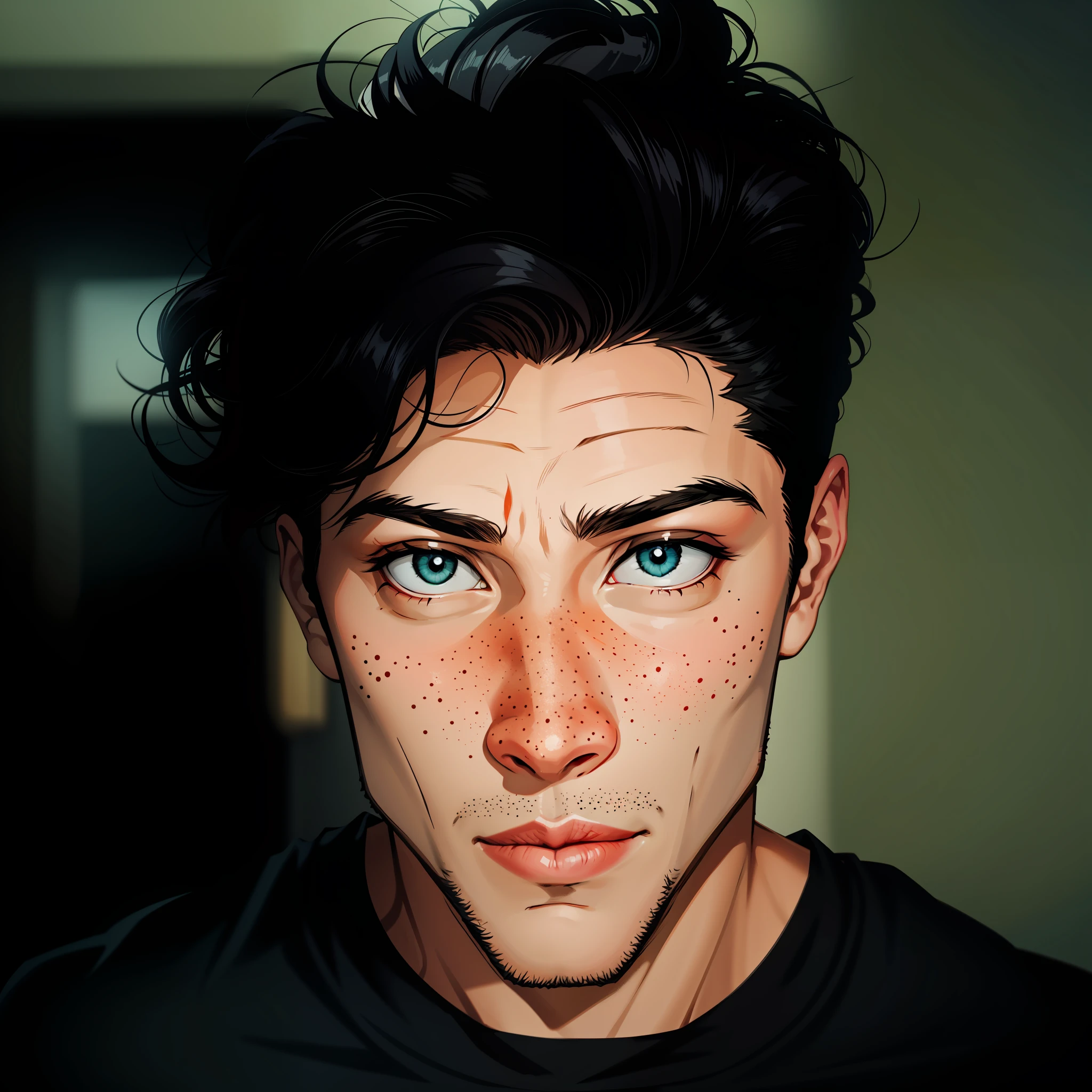 Comic style, inked, lineart style, There is a young man with freckles on his face and a black shirt., influencia de DeviantArt, dynamic lighting, cinematic shadows, flat art, uhd