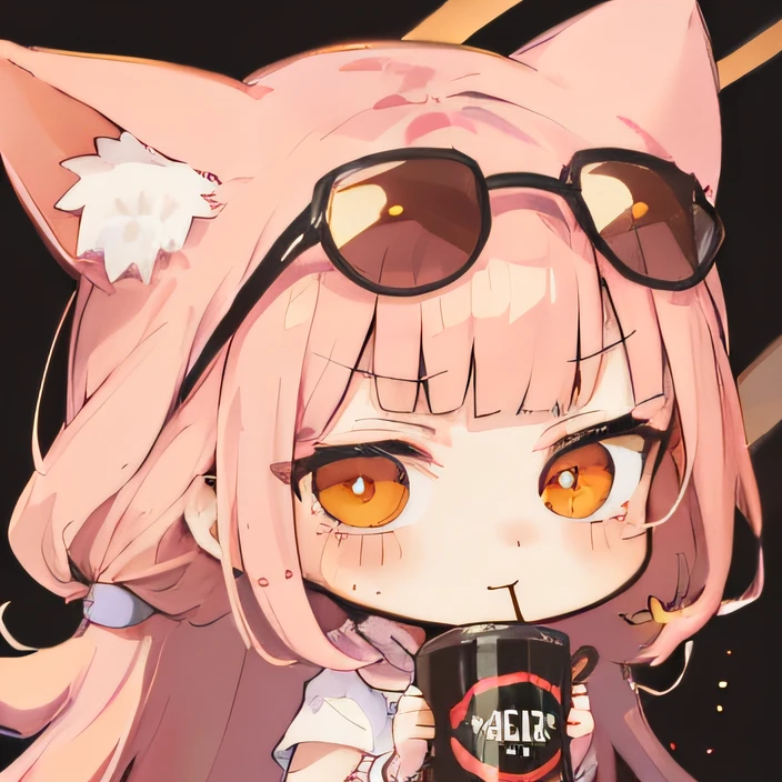 Cartoon girl with sunglasses and drink in her hands, Umaru-chan, Shikamimi, cute anime face, kawaii anime manga style, Nekomimi, cute kawaii girl, ****, ajang high face, kawaii manga style, anime vision for cute girls, anime girl drinking energy drinks, ahgao, uma musum, thousand light mountain, white hair, stick figures