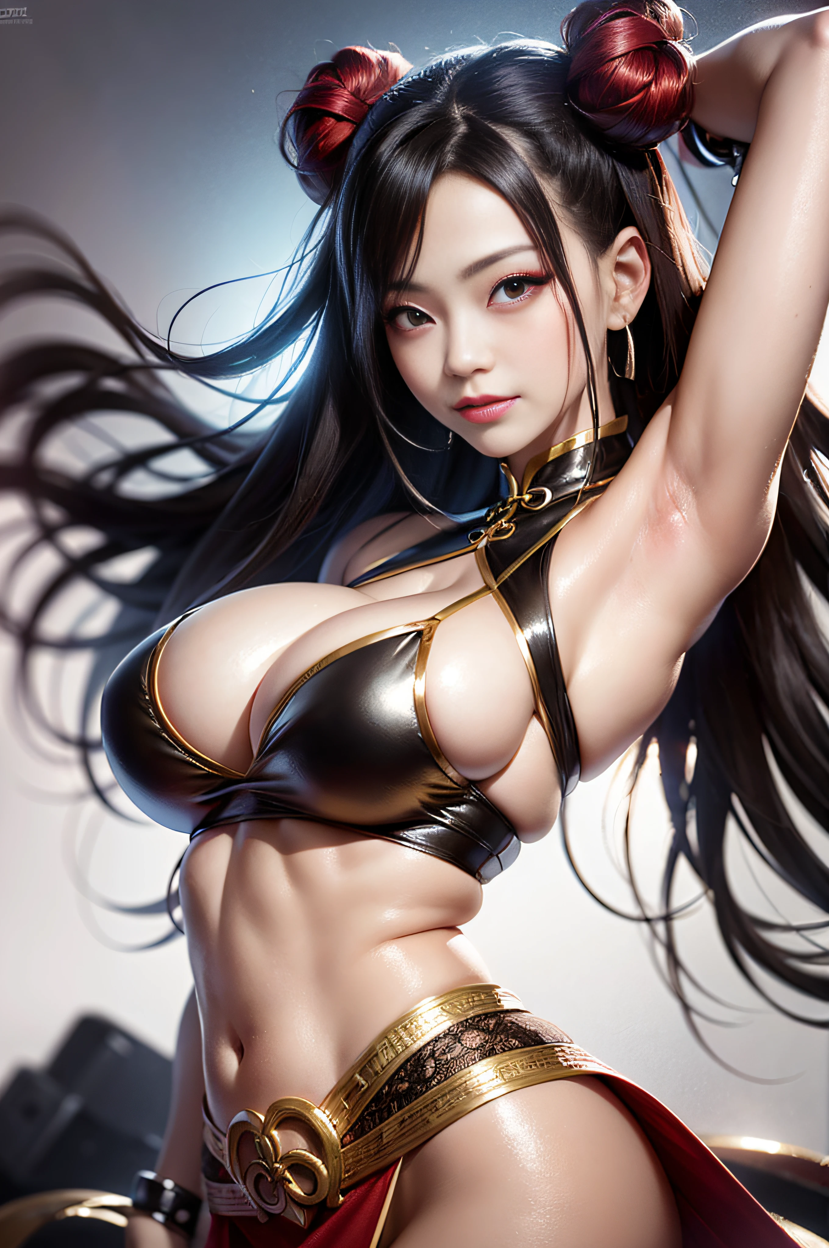 best quality, ultra hd, 1 girl, (huge tits, large), simple background, smile, charming, 8k, perfect, shiny skin, pose, beautiful model, armpits, fine art,, cg digital art, street fighter, (Lee chin:1.3), kawaii face, red chinese dress, young woman