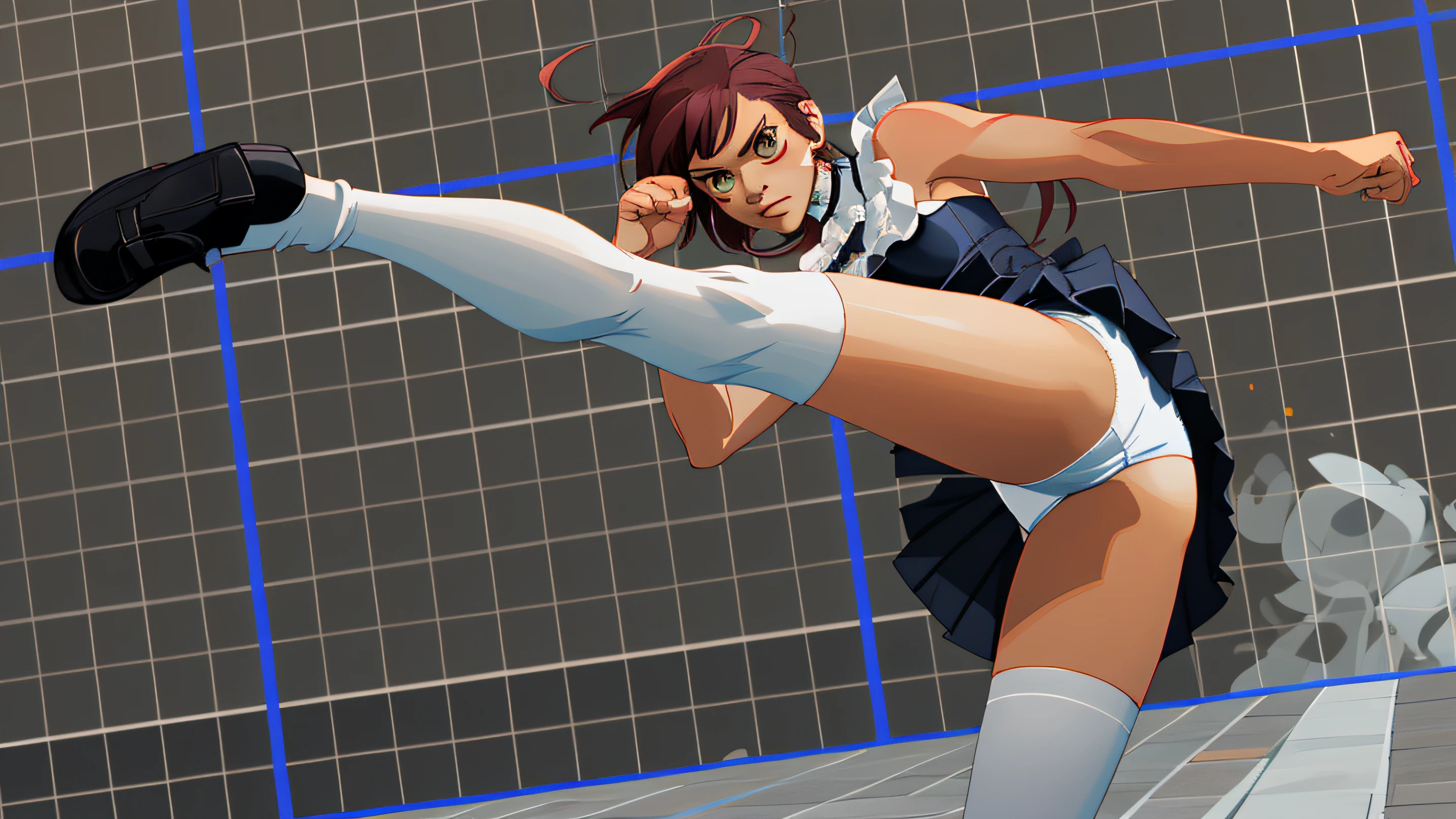 Mila from Dead or alive, in white french maid top, navy blue skirt, white cotton panties, long white socks, black dress shoes, throwing a roundhouse kick, anime art style, intricate details