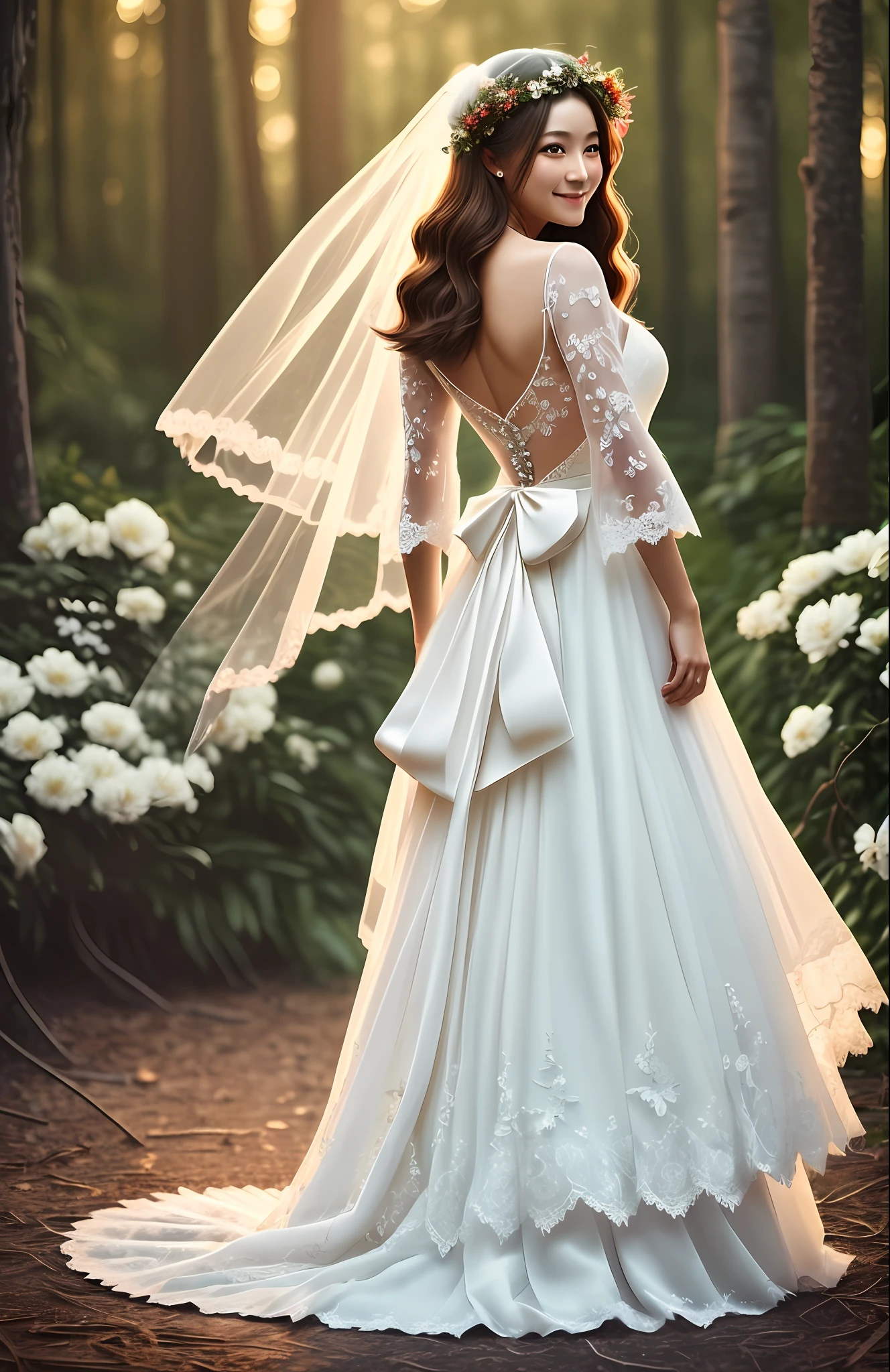 Masterpiece, highest quality, solo focus, complex
(High detail: 1.1) (Perfect face: 1.1) white wedding dress, pretty Japan woman, smiling, lace, veil, fantasy, white flowers on head, mysterious lake,
Viking origin, glowing eyes, full body, back figure, turn around, Lee Jeff
Leeds Nikon D850 Film Stock Photo 4 |
Kodak Portra 400 Camera F1.6 Lens
Rich colors Ultra realistic
Realistic textures Dramatic lighting
Unreal Engine
Trending at Art Station CineStill
800 --auto