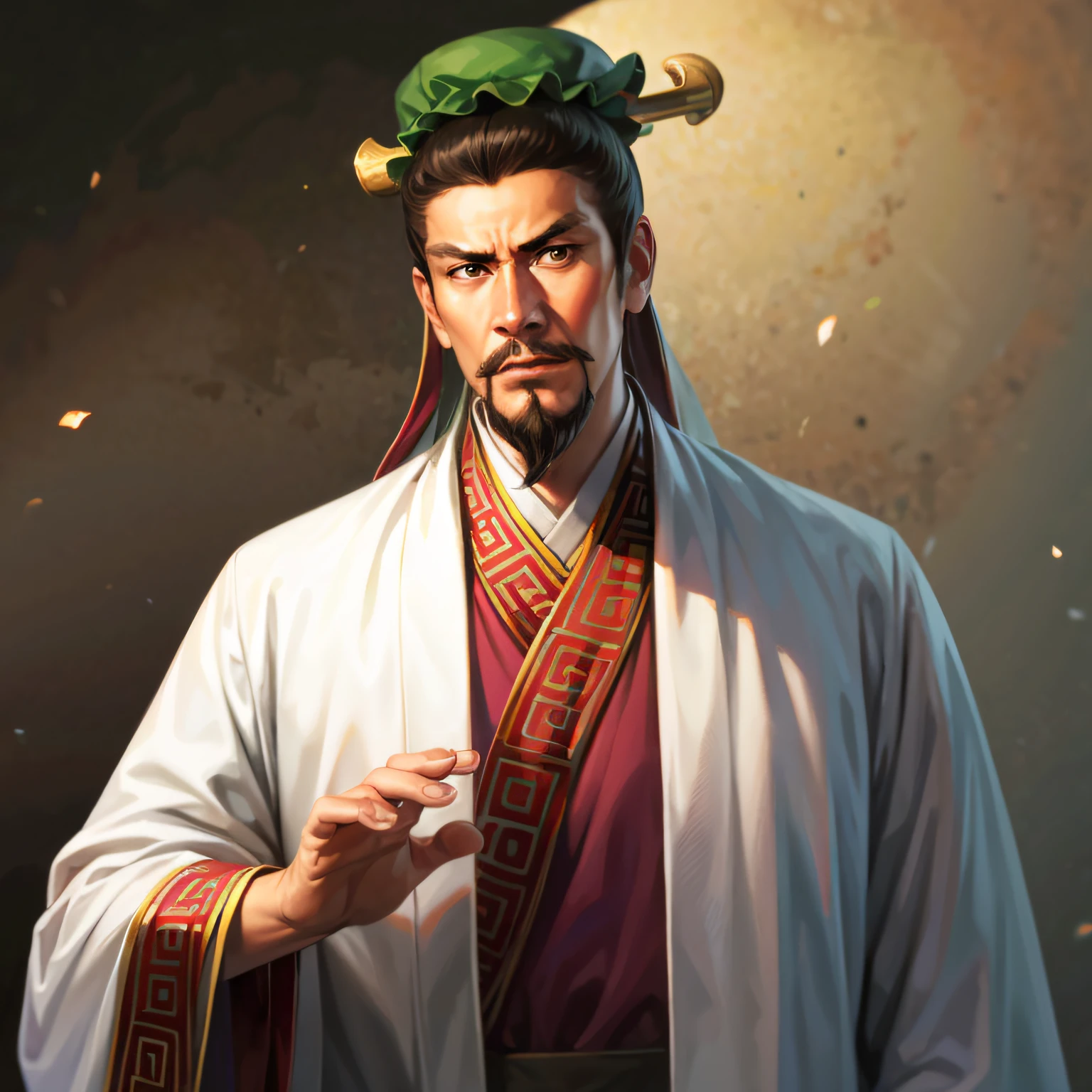 (4k, best quality, highres:1.1), (masterpiece:1.1), man, Chinese male, detailed eyes, looking at viewer, (Chen Daoming:1.6), facial_hair, hanfu, 1boy, beard, male_focus, mustache, chinese_clothes, old, solo, old_man, wide_sleeves, own_hands_together, long_sleeves, topknot, robe, looking_at_viewer, wrinkled_skin,Chinese style,