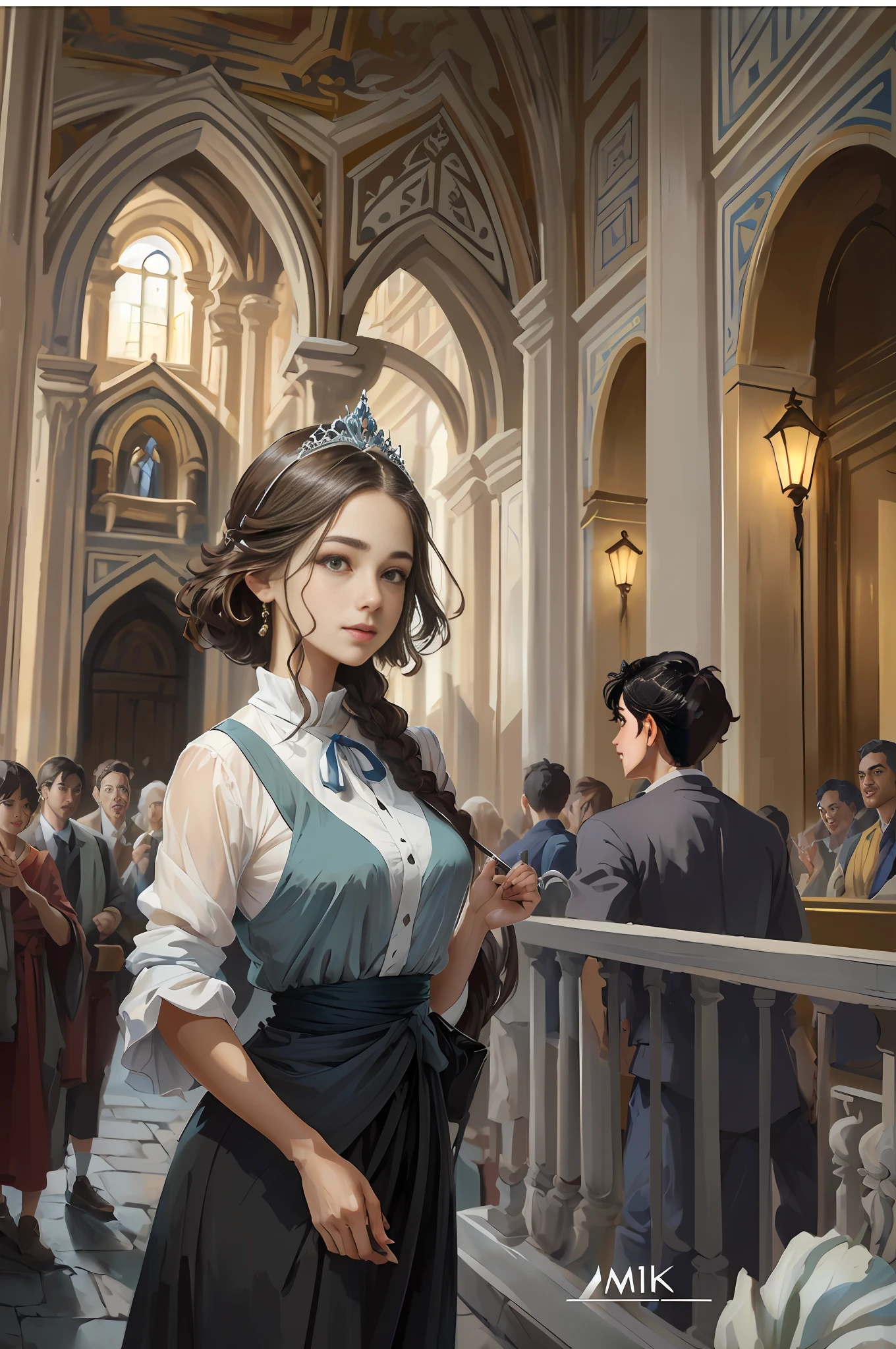 Model shooting style, (extremely detailed CG Unity 8k wallpaper), full-shot body photo of the most beautiful artwork in the world, stunning beautiful photo realistic available, super realistic super detailed photo, a beautiful girl as a female dancer entering the Loggia dei Lanzi of Florence,complex dress, banquet, crowd, [slight smile], (Sculpture of Hercules background), (princess eyes, shining pupils), detailed symmetrical beautiful hazel eyes, detailed gorgeous face, highly detailed, Vibrant, professional majestic oil painting by Ed Blinkey, Atey Ghailan, Studio Ghibli, Jeremy Mann, Greg Manchess, Antonio Moro, ArtStation Trends, CGSociety Trends, Complex, High Detail, Sharp Focus, Dramatic, Realistic Painting Art, by Midjourney and Greg Written by Rutkowski