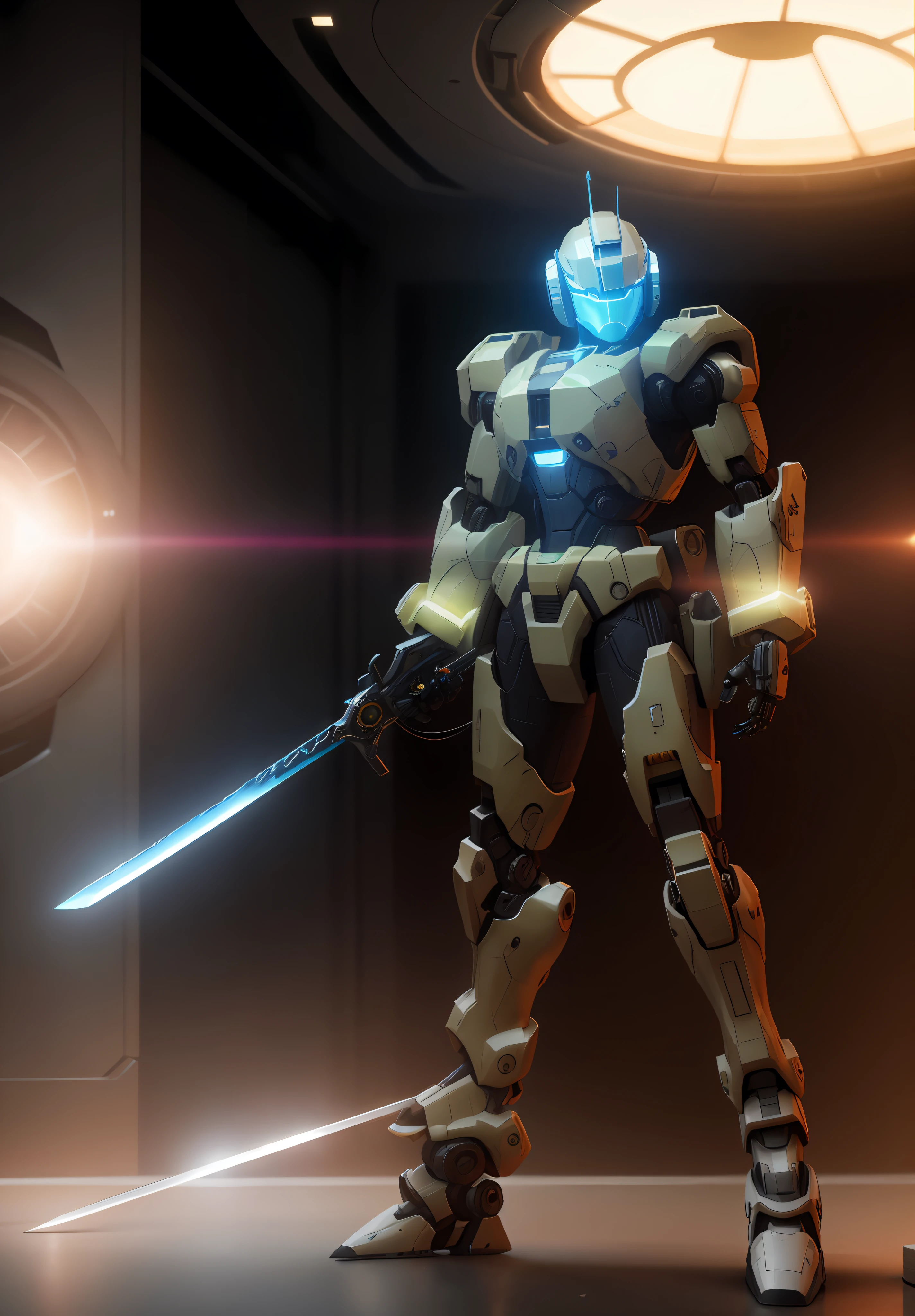 a close up of a robot with a sword in a dark room, halo. octane render, scifi character render, glowing lights in armor, rendered in octane render 32k, sci-fi soldier, sci - fi character, rendered in octane, rendered with octane, rendered on octane, 3 d render octane, alien space knight, 3d render octane