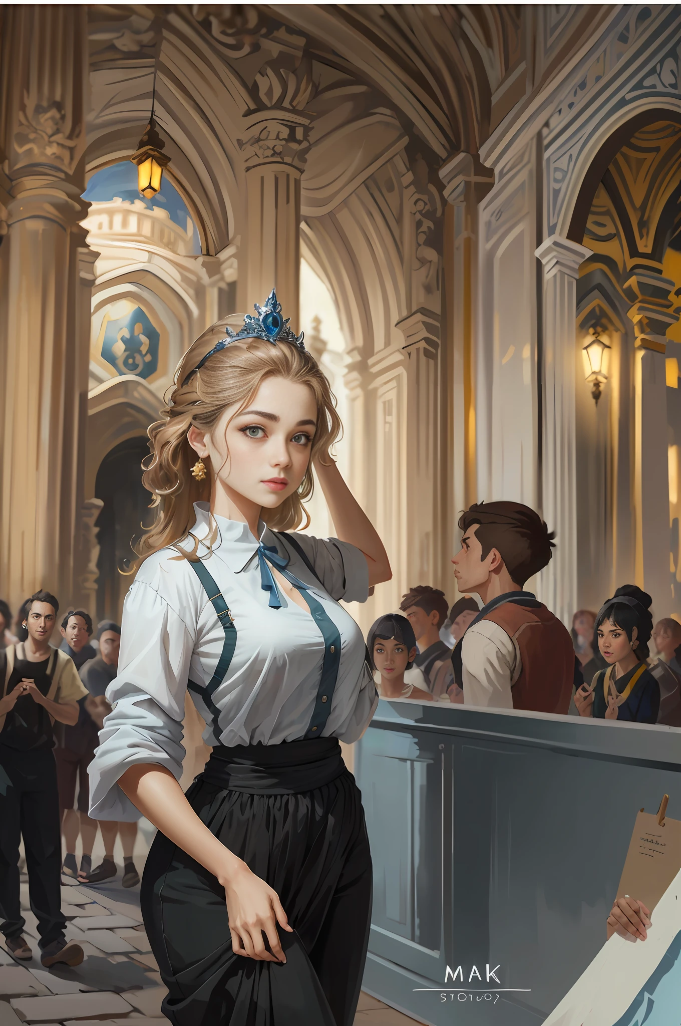 Model shooting style, (extremely detailed CG Unity 8k wallpaper), full-shot body photo of the most beautiful artwork in the world, stunning beautiful photo realistic available, super realistic super detailed photo, a beautiful girl as a female dancer entering the Loggia dei Lanzi of Florence,complex dress, banquet, crowd, [slight smile], (Sculpture of Hercules background), (princess eyes, shining pupils), detailed symmetrical beautiful hazel eyes, detailed gorgeous face, highly detailed, Vibrant, professional majestic oil painting by Ed Blinkey, Atey Ghailan, Studio Ghibli, Jeremy Mann, Greg Manchess, Antonio Moro, ArtStation Trends, CGSociety Trends, Complex, High Detail, Sharp Focus, Dramatic, Realistic Painting Art, by Midjourney and Greg Written by Rutkowski