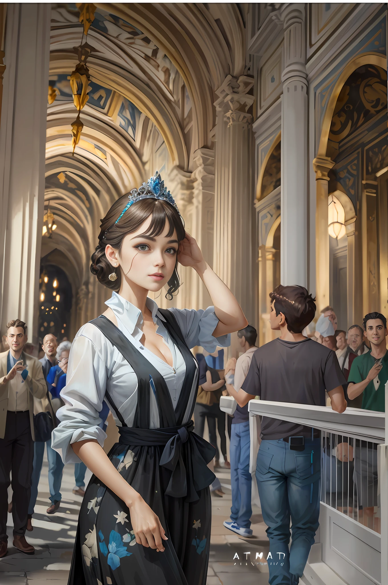 Model shooting style, (extremely detailed CG Unity 8k wallpaper), full-shot body photo of the most beautiful artwork in the world, stunning beautiful photo realistic available, super realistic super detailed photo, a beautiful girl as a female dancer entering the Loggia dei Lanzi of Florence,complex dress, banquet, crowd, [slight smile], (Sculpture of Hercules background), (princess eyes, shining pupils), detailed symmetrical beautiful hazel eyes, detailed gorgeous face, highly detailed, Vibrant, professional majestic oil painting by Ed Blinkey, Atey Ghailan, Studio Ghibli, Jeremy Mann, Greg Manchess, Antonio Moro, ArtStation Trends, CGSociety Trends, Complex, High Detail, Sharp Focus, Dramatic, Realistic Painting Art, by Midjourney and Greg Written by Rutkowski