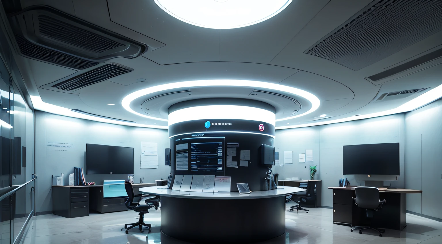 Future Tech Circular Office, In the middle is a jar containing the nutrient solution of the human body, There are a lot of electronic screens, Cool lighting effects, White sheet metal wall, Futuristic sense of technology, light and shade contrast, cinemaitic lighting, modernistic, ultra-wide angle --auto