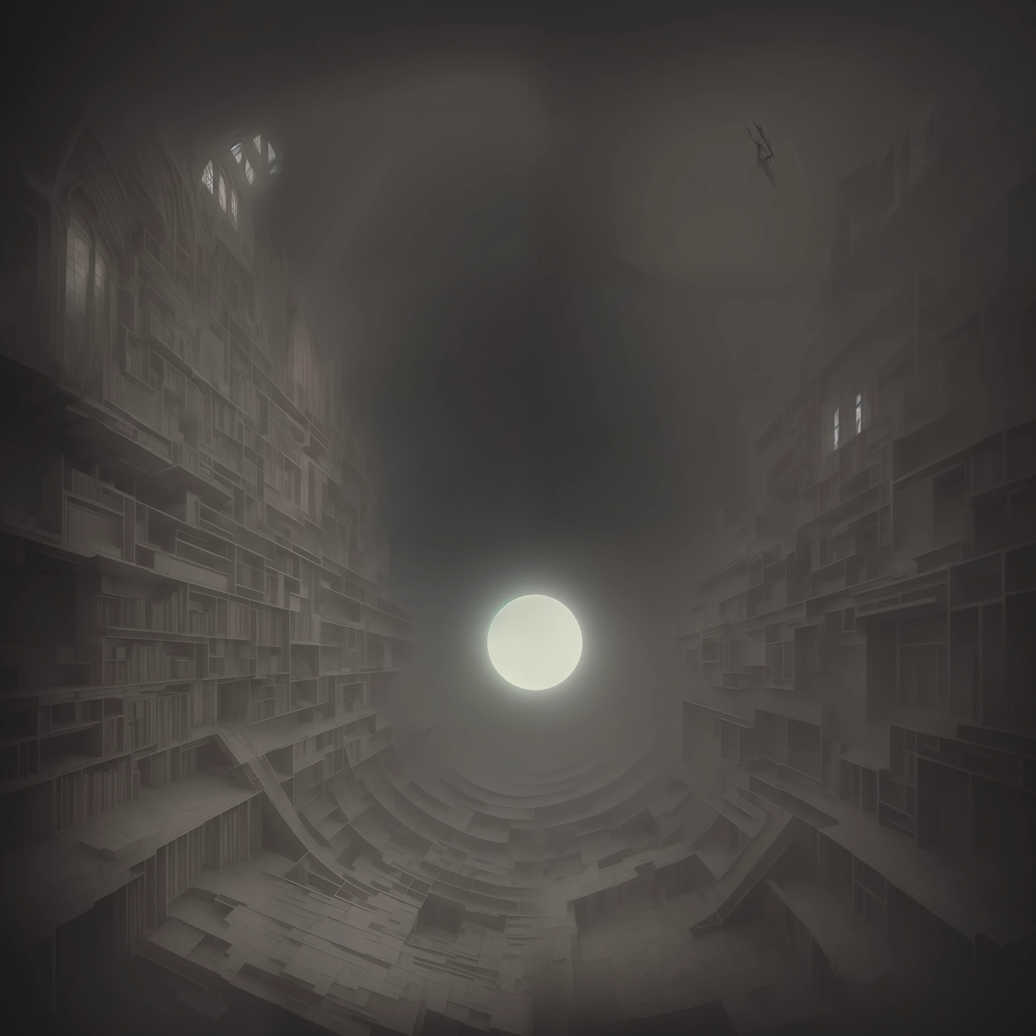 conceptual art, M.C Escher + Architectural Art + b/w photography by Pierre Verger / fusion of style / dead fairy ./ mystical and spiritual / dark tones, supernatural aspects, macro lens, surreal juxtapositions, Lovecraft, cosmic horror, 90s horror / ethereal / scary / mysterious--1080:1350 --c 12
