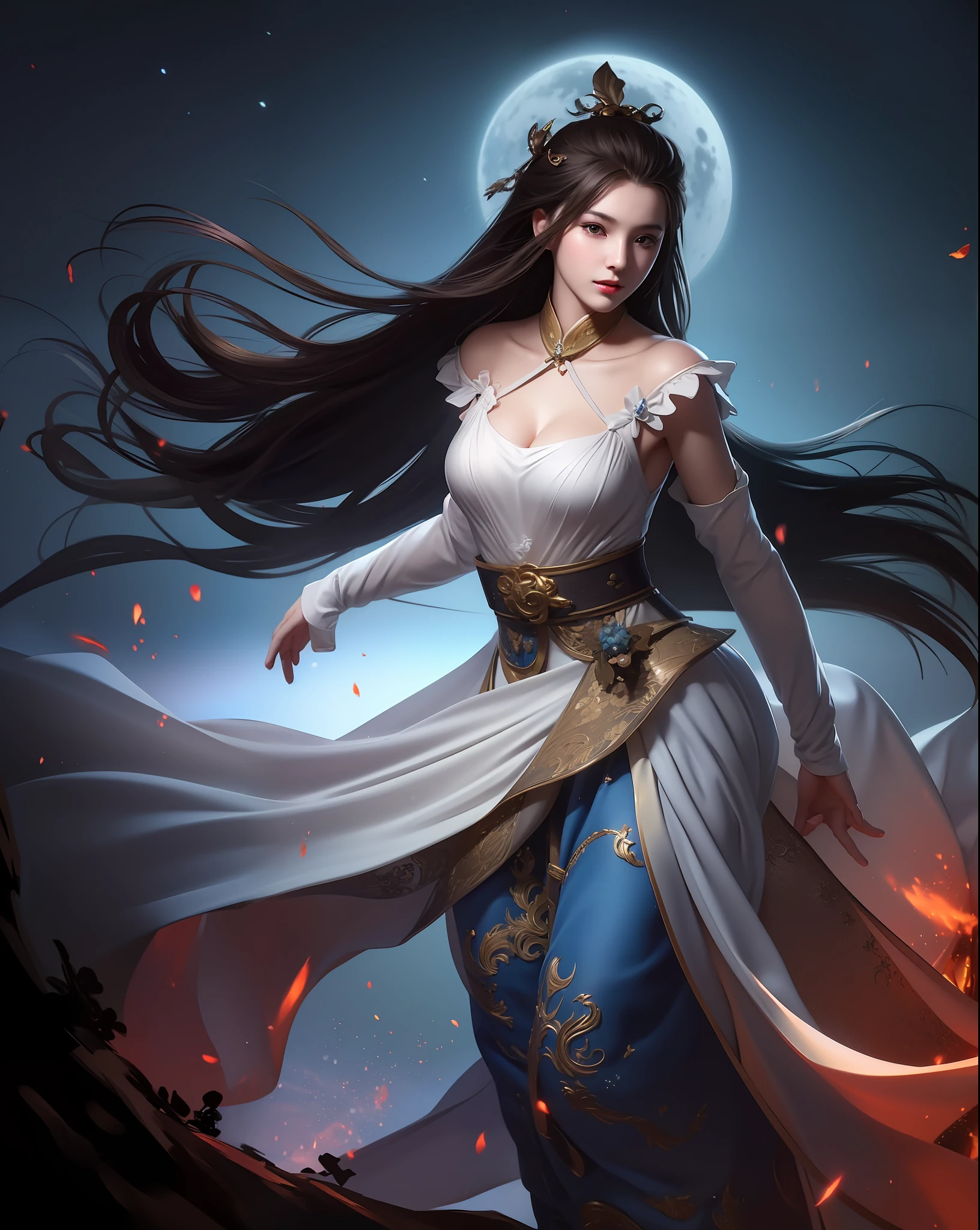 (8k, RAW photo:1.2), best quality, ultra high res,dramatic angle,(fluttered detailed color splashs), (illustration),(((1 girl))),(long hair),(rain:0.9), (头饰:1.4),少女身边有一座古宫,汉服,(重点),彩色水墨画,(泼彩),泼彩,(((colorful))),(素描:0.8) , Masterpiece, best quality, beautiful painted, highly detailed,(denoising:0.6),[splash ink],((ink refraction)), (beautiful detailed sky),moon,highly,detaild,(masterpiece, best quality, extremely detailed） CG unity 8k壁纸，杰作，最好的质量，超详细），（石蒜），
