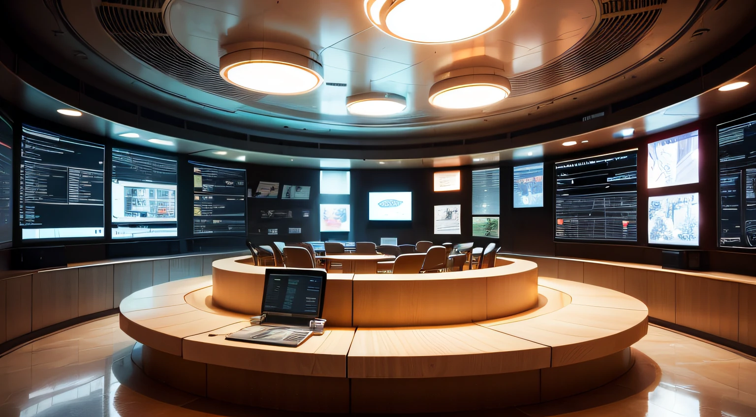 A sense of future technology, Round office, In the middle is a jar containing the nutrient solution of the human body, There are a lot of electronic screens, Cool lighting effects, White sheet metal wall, Futuristic sense of technology, light and shade contrast, cinemaitic lighting, modernistic, ultra-wide angle --auto