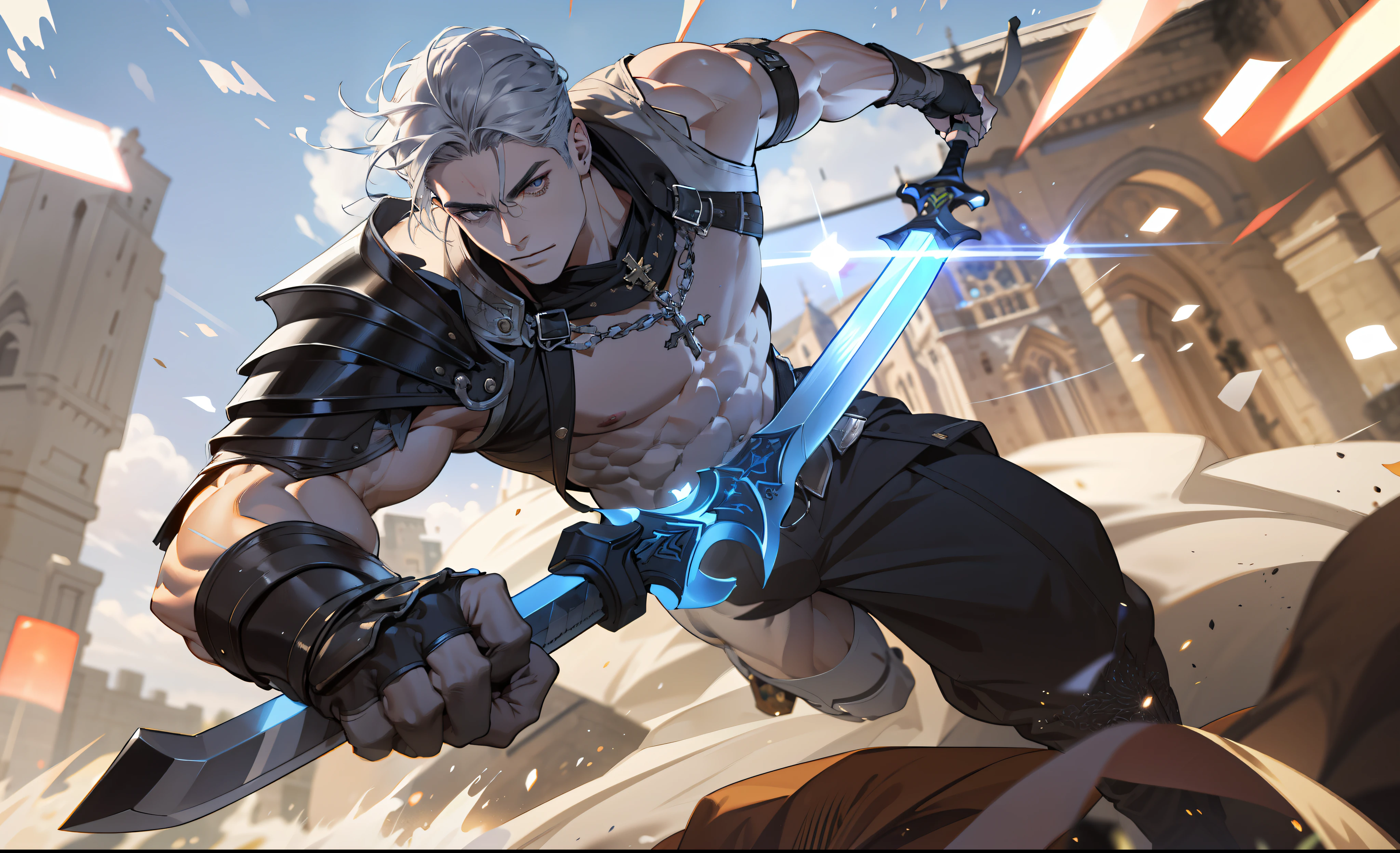 (absurdres, highres, ultra detailed), 1 male, adult, handsome, tall muscular guy, broad shoulders, finely detailed eyes and detailed face, short silver hair, knight, armor, large sword, holy, cathedral, religious, sublime, battleground, showing off abs, no clothes, (muscular muscles:1.8), six packs,