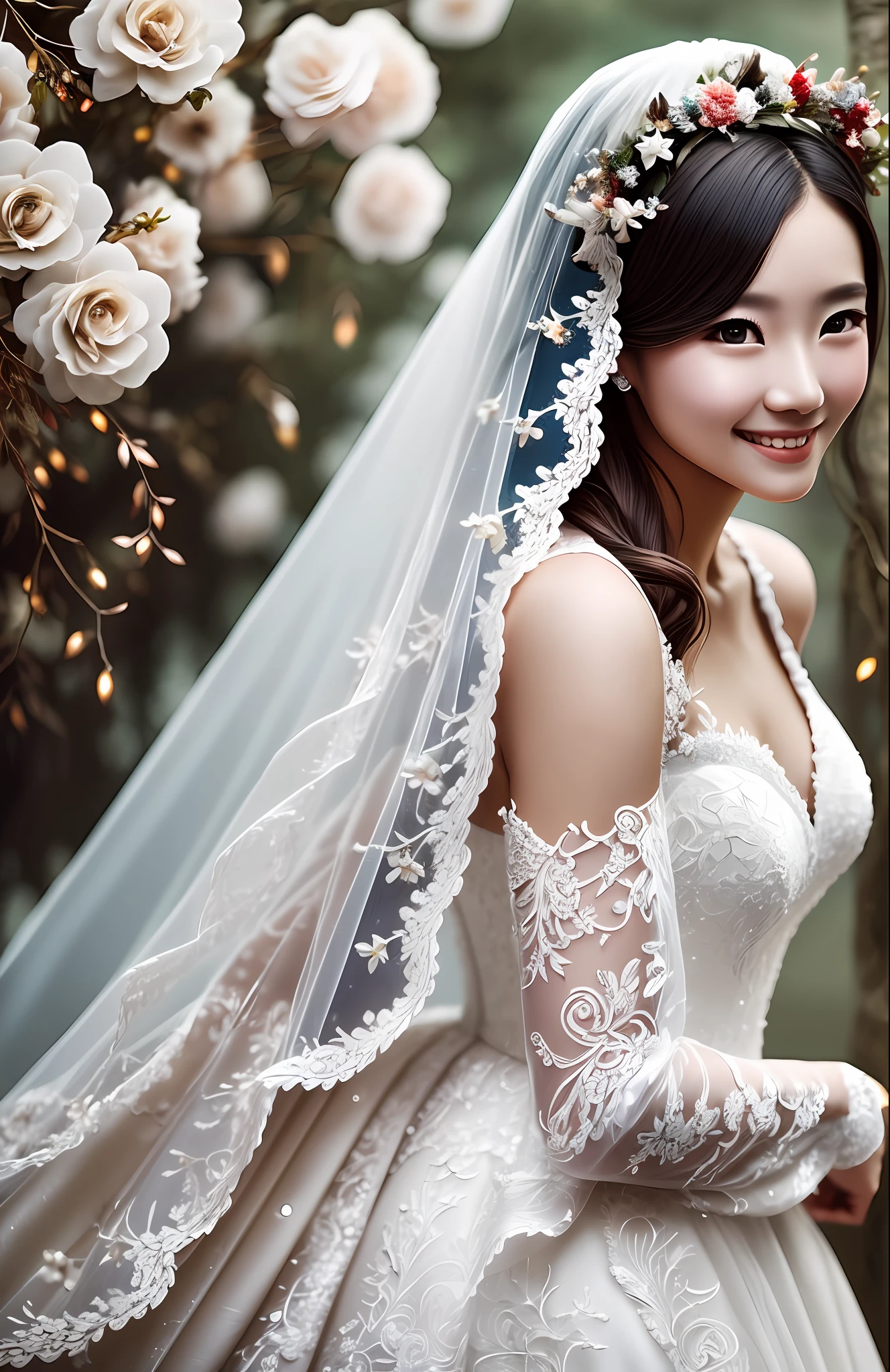 Masterpiece, highest quality, solo focus, complex
(High detail: 1.1) (Perfect face: 1.1) white wedding dress, pretty Japan woman, smiling, lace, veil, fantasy, white flowers on head, mysterious lake,
Viking origin, glowing eyes, full body, back figure, turn around, Lee Jeff
Leeds Nikon D850 Film Stock Photo 4 |
Kodak Portra 400 Camera F1.6 Lens
Rich colors Ultra realistic
Realistic textures Dramatic lighting
Unreal Engine
Trending at Art Station CineStill
800 --auto