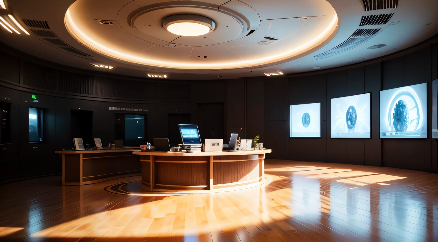 A sense of future technology, Round office, In the middle is a jar containing the nutrient solution of the human body, There are a lot of electronic screens, Cool lighting effects, White sheet metal wall, Futuristic sense of technology, light and shade contrast, cinemaitic lighting, modernistic, ultra-wide angle --auto