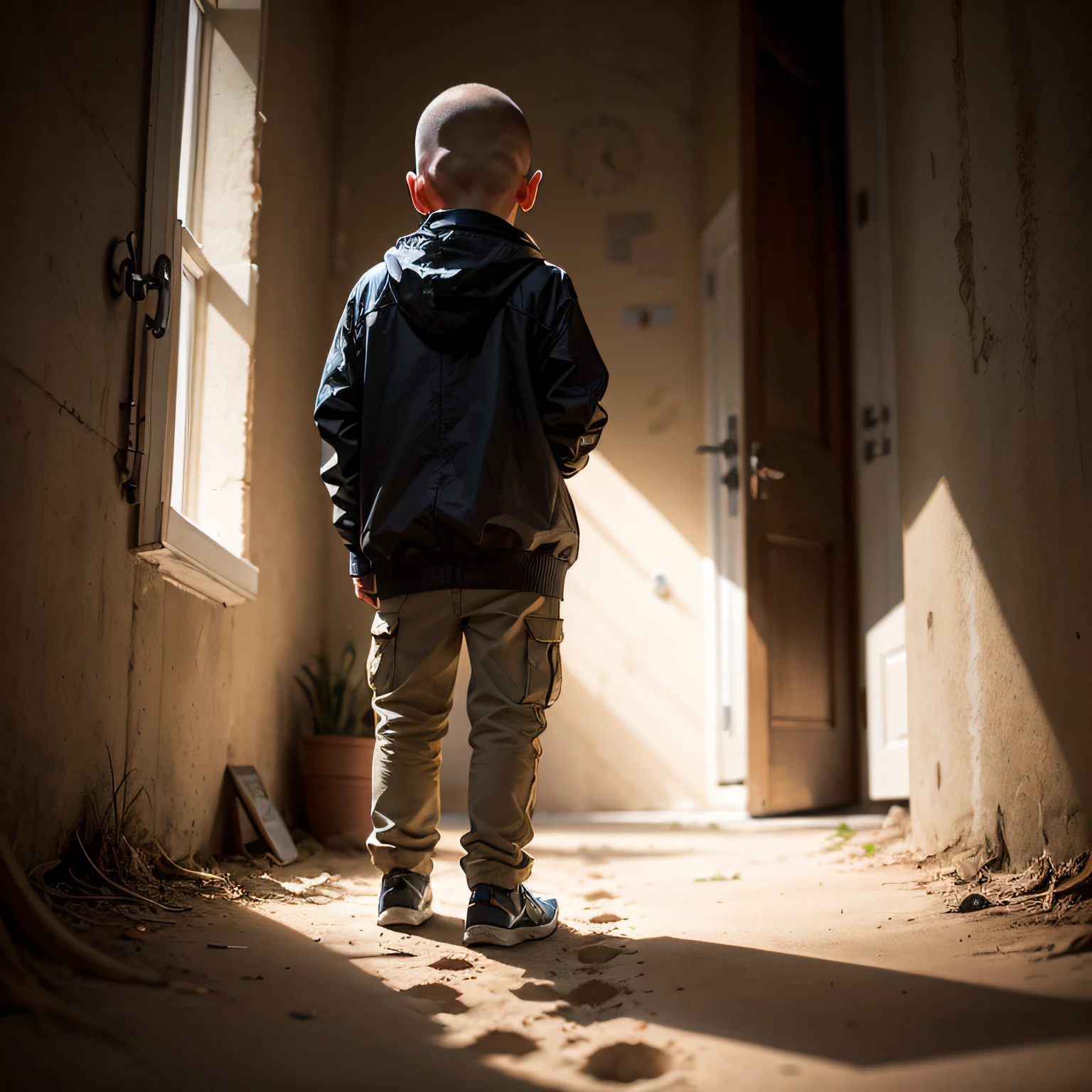 Intelligent 10-year-old boy, shaved head, looking at a strange footprint, alone. --auto