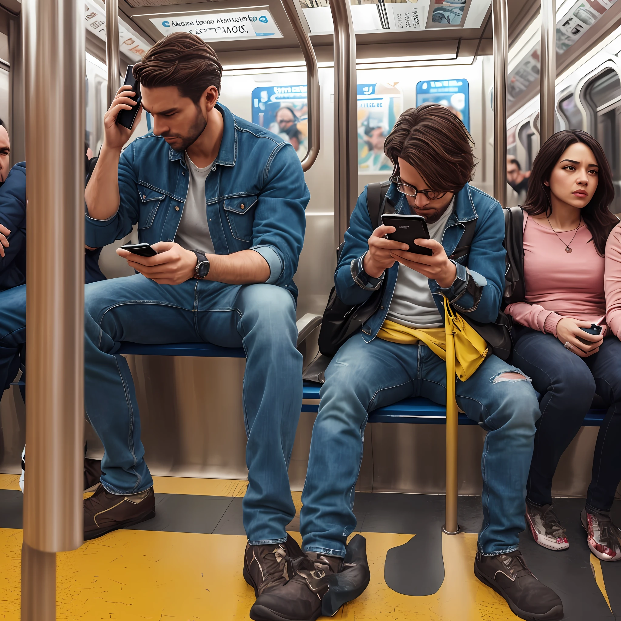 (((Focus on a man sitting on the subway happy using a cell phone, looking at the cell phone, looking down))), Best Quality, Ultra High Resolution, (Realism: 1.4), High Resolution, Detailed, Original Photo, Sharp, by Lee Jeffries Nikon D850 Film Stock Photography 4 Kodak Portra 400 Camera F1.6 Rich Lenses Colors Realistic texture hyper realistic unrealistic dramatic lightingEngine trend in ArtStation CineStill 800,,  photorealistic, photo, masterpiece, realistic, realism, photorealism, high contrast, photorealistic Digital art trends in Artstation 8k HD High Definition --auto