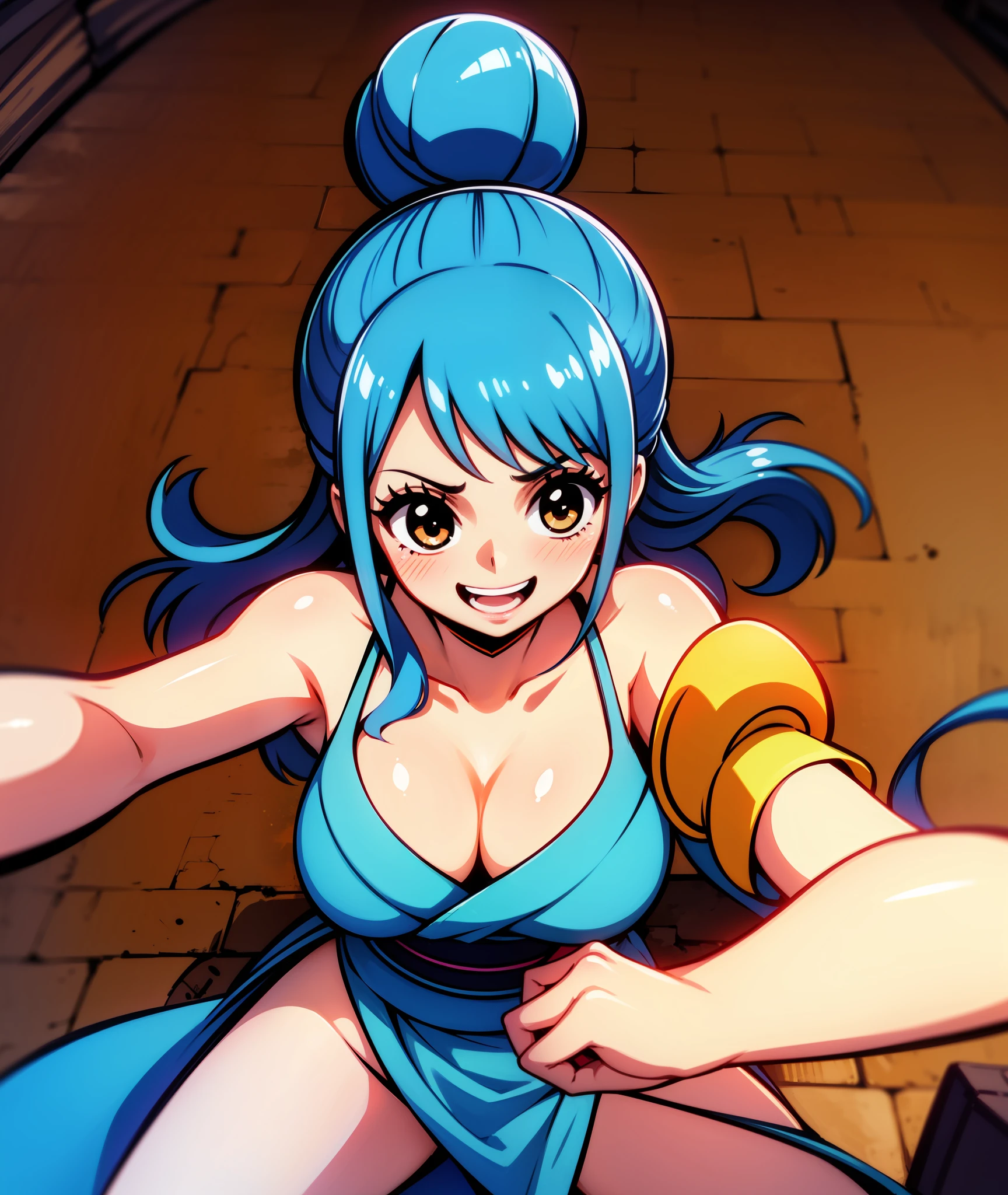 1girl, blue hair, long hair, hair in buns, brown eyes, goggles, confident, energetic, engineer, cute, happy, brown and blue kimono