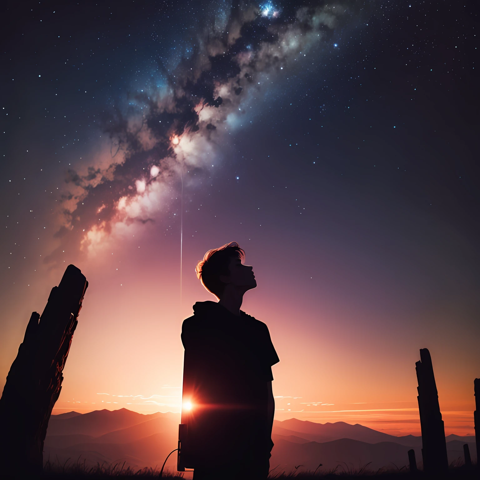 Human silhouette before a starry sky, evoking the wonder of the universe and the ultra realistic cosmos, colors of the cosmos --auto