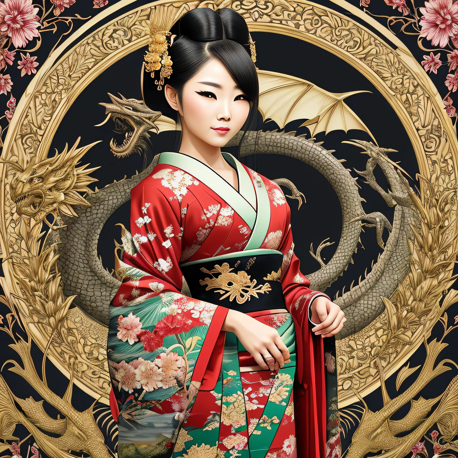 Beautiful geisha with a huge black oriental dragon rich in detail in the background a garden