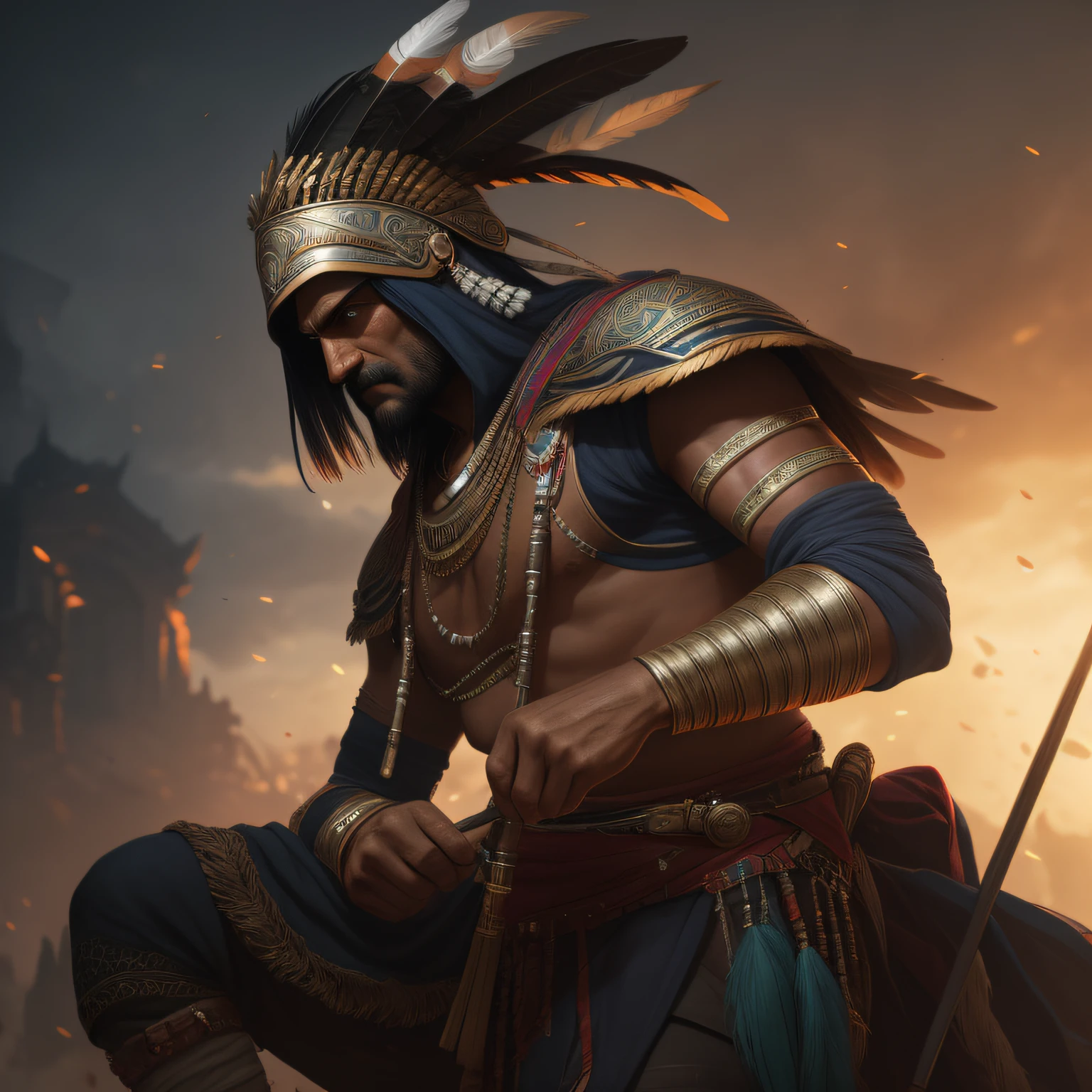 Indian warrior king, metal feathers, cinematic, realistic, trend in artstation, sharp focus, studio photo, intricate details, highly detailed, by greg rutkowski --auto