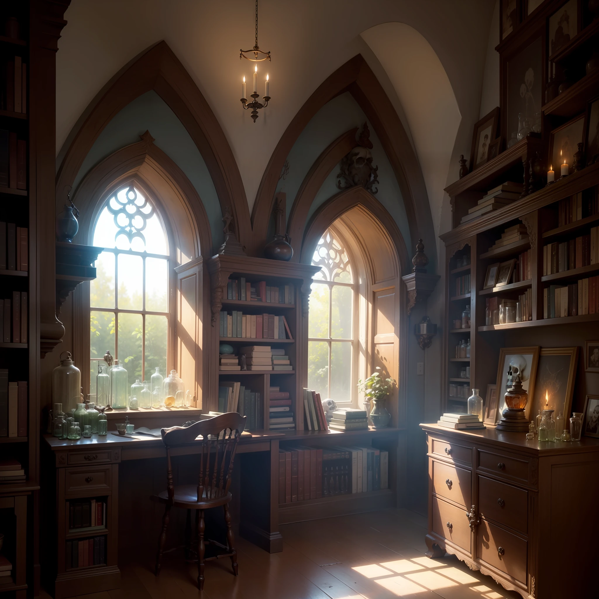 Many glass jars, an ancient human skull, potions