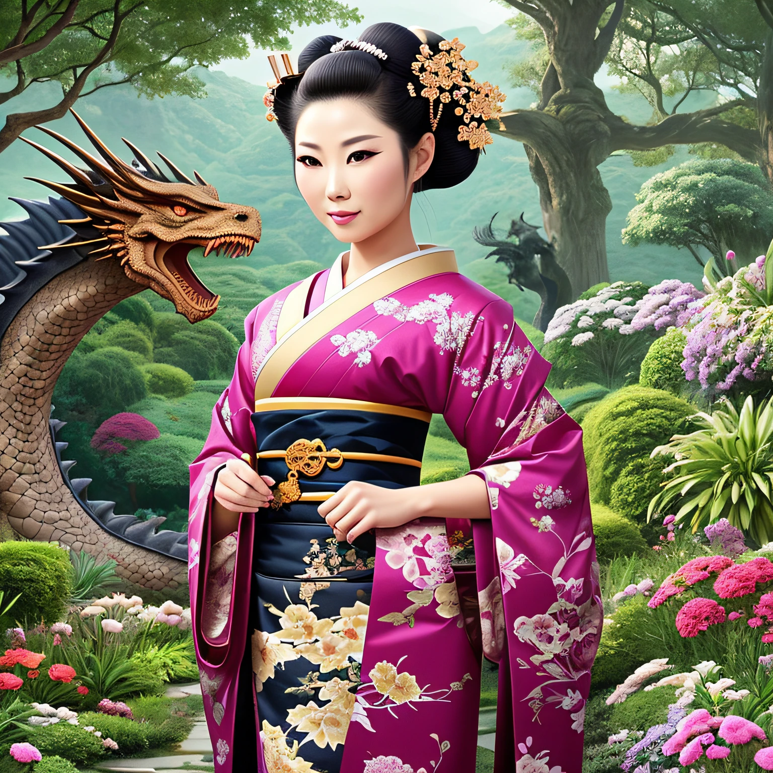 arafed woman in a kimono dress standing in a garden with a dragon, chinese fantasy, ancient chinese princess, chinese empress, japanese fantasy, oriental fantasy, jingna zhang, ancient asian dynasty princess, ancient chinese beauties, a beautiful fantasy empress, the dragon girl portrait, chinese princess, chinese costume, japanese kimono, beautiful digital artwork, dragon-inspired cloth robes