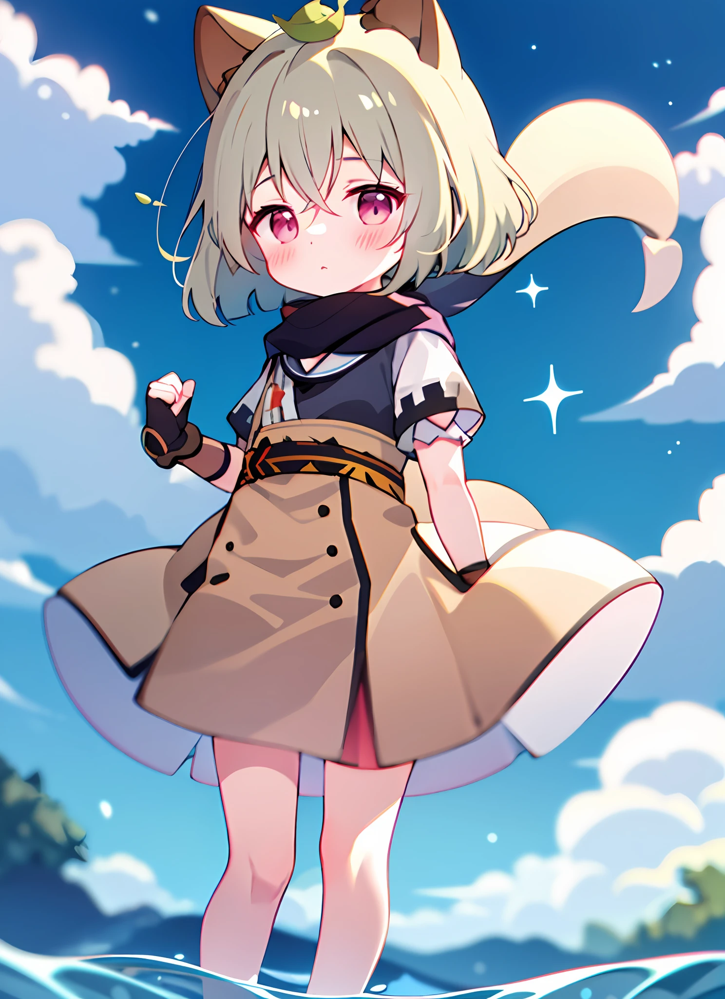 blush, outdoor, daytime, simple background, blue sky, rippled hair, sky, looking at the audience , very cute expression, small short legs, avatar, toes,