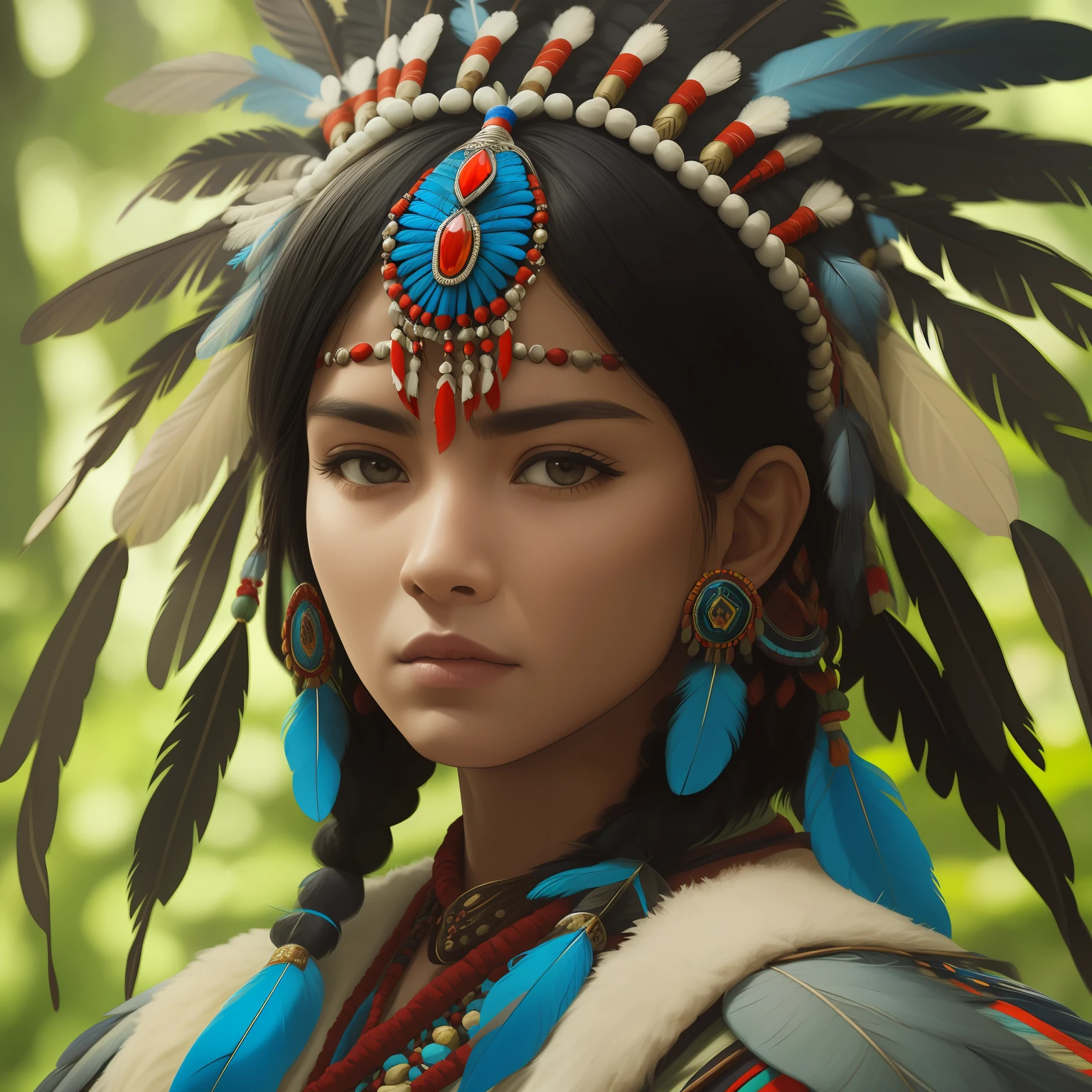 (full portrait), (foliage), solo, detailed face, (stonepunkAI,),indio, (man), (cherokee), (headdress of blue and black feathers), shaman, strong, (beautiful face), subsurface scattering, intricate, highly detailed, ((cinematic)), dramatic, (high quality, award-winning, masterpiece: 1.5), (photorealistic: 1.5), --auto