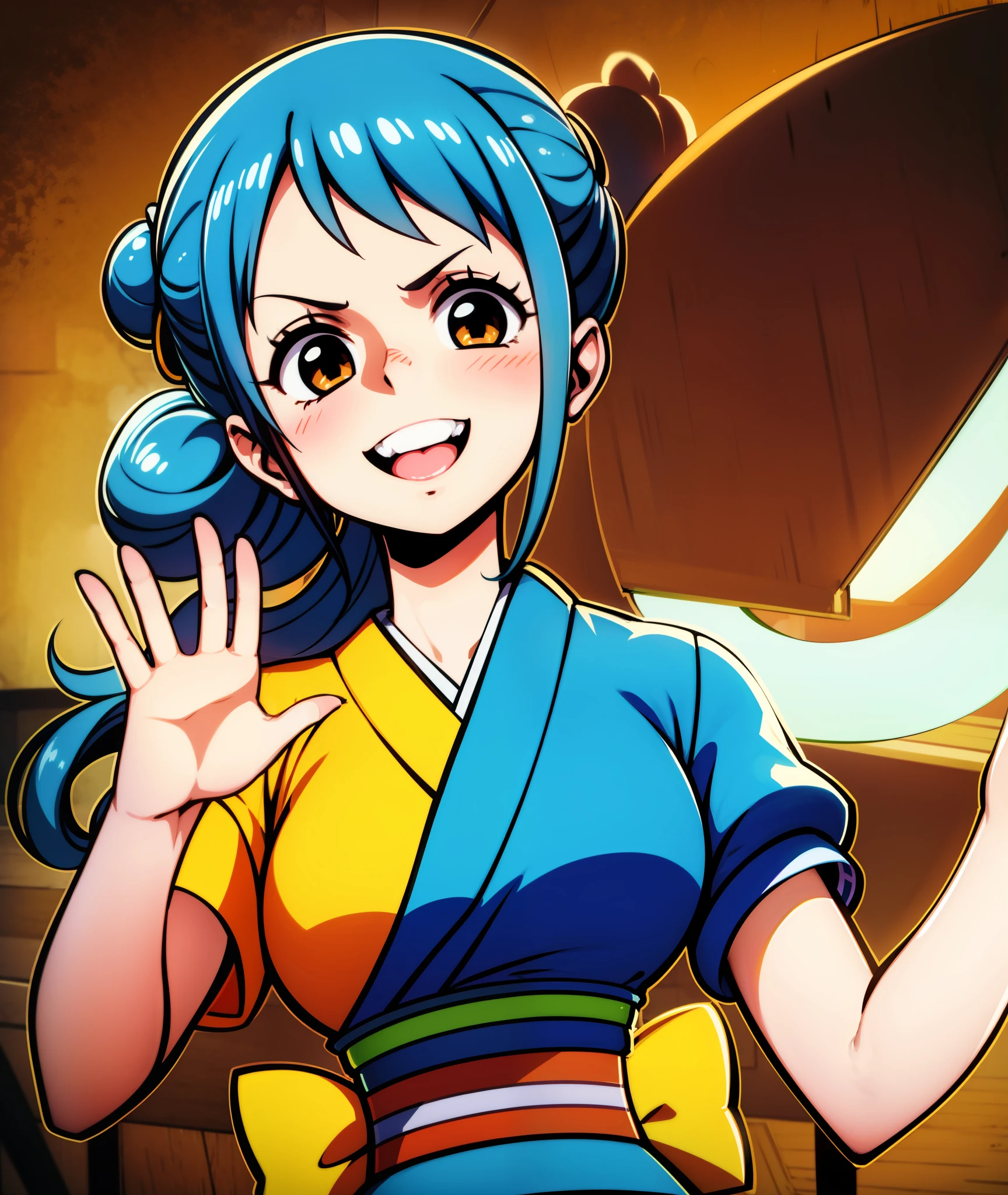 1girl, blue hair, long hair, hair in buns, brown eyes, goggles, confident, energetic, engineer, cute, happy, brown and blue kimono