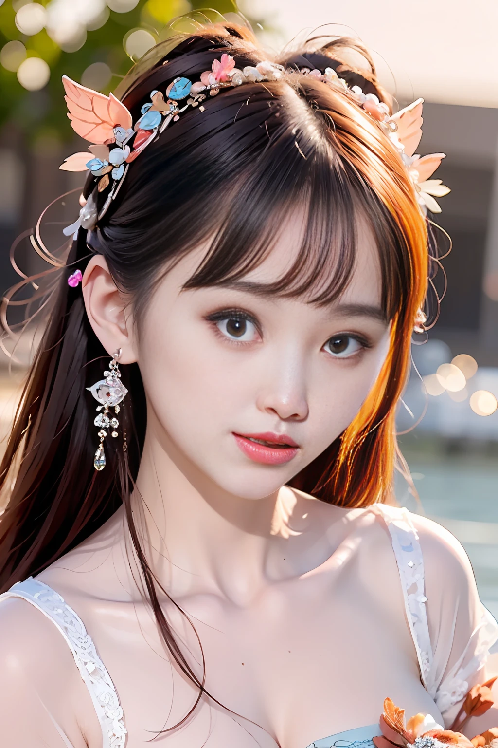 close-up on face, female pubic hair, Chinese wind, ancient wind, red color Hanfu, Sitting position, Long and long hair, Delicate clothing patterns, elegant, ornate, elegente, seas, Red ribbon, Water magic, Water, Feeling of brokenness, liuli, The underwater world, bubble, coral, Koi, Finned wings, Staff, pearl, aquamarine, close-up on face, twin braids, lock of hair, diagonal bangs, hair ribbon, hair ornament, forehead jewelry, hourai jewelry branch, crescent hair ornament, fish hair ornament, god rays, glitter, cinematic lighting, flash of