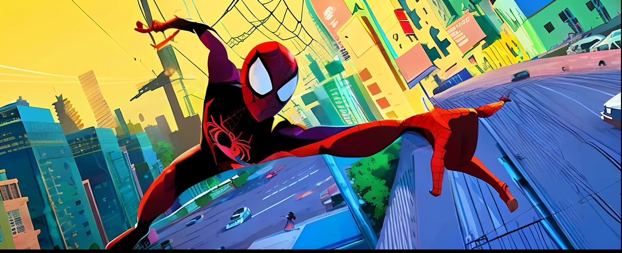 spider - man into the spider - verse - screenshote, into the spiderverse, into the spider verse, miles morales, miles morales!!!, spider - verse art style, spiderverse, donald glover as miles morales, animation film still, animated movie still, hero pose colorful city lighting, futuristic style spiderman, movie promotional image, animated movie shot, spider-man