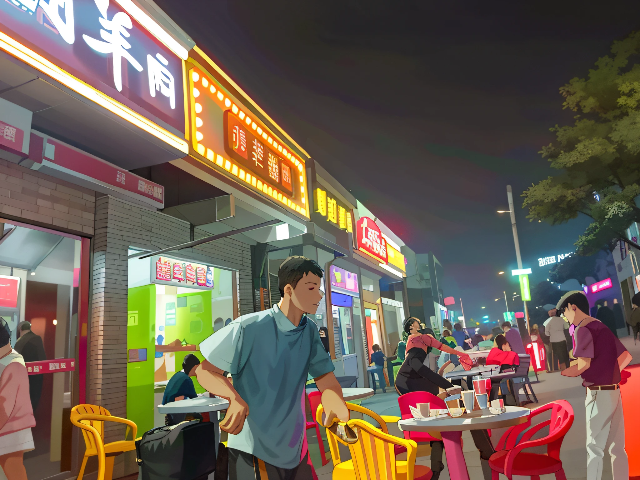 People walk on the sidewalk of a western restaurant at night, the background is the restaurant, people outside are eating, the restaurant is busy, there are street food stalls at night, there are neon signs, busy night, photos taken at night, available images, Nanquan, glowing lights at night, at night, food stalls, some have neon lights, there are neon lights outside