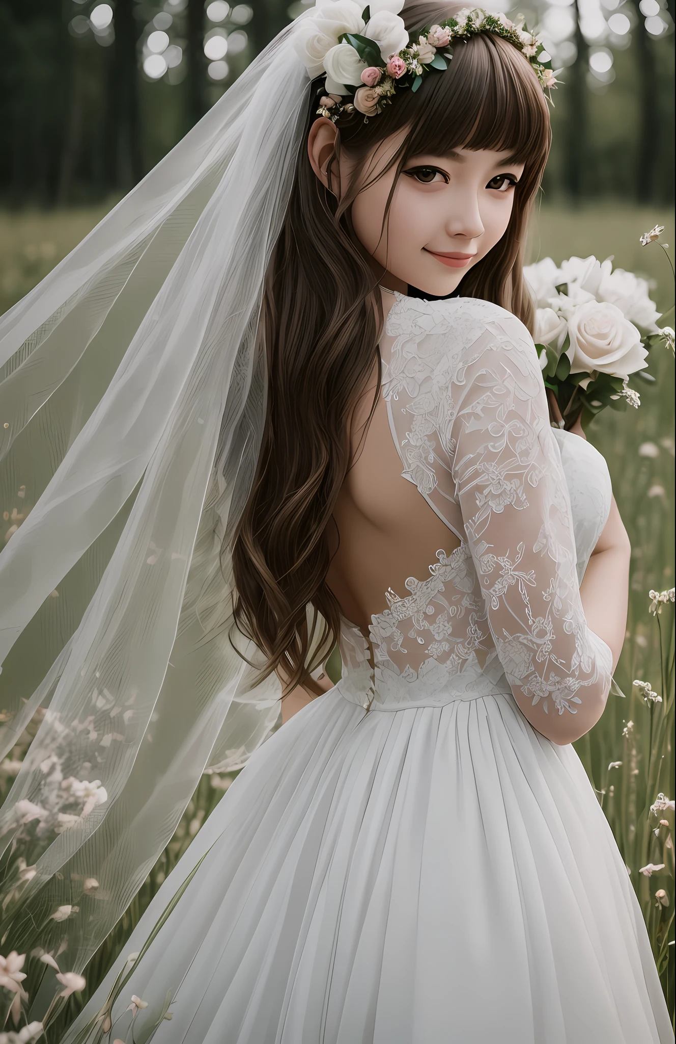 Masterpiece, highest quality, solo focus, complex
(High detail: 1.1) (Perfect face: 1.1) white wedding dress, pretty Japan woman, smile, lace, veil, fantasy, white flowers on head, meadow,
Viking origin, glowing eyes, full body, back figure, turn around, Lee Jeff
Leeds Nikon D850 Film Stock Photo 4 |
Kodak Portra 400 Camera F1.6 Lens
Rich colors Ultra realistic
Realistic textures Dramatic lighting
Unreal Engine
Trending at Art Station CineStill
800 --auto
