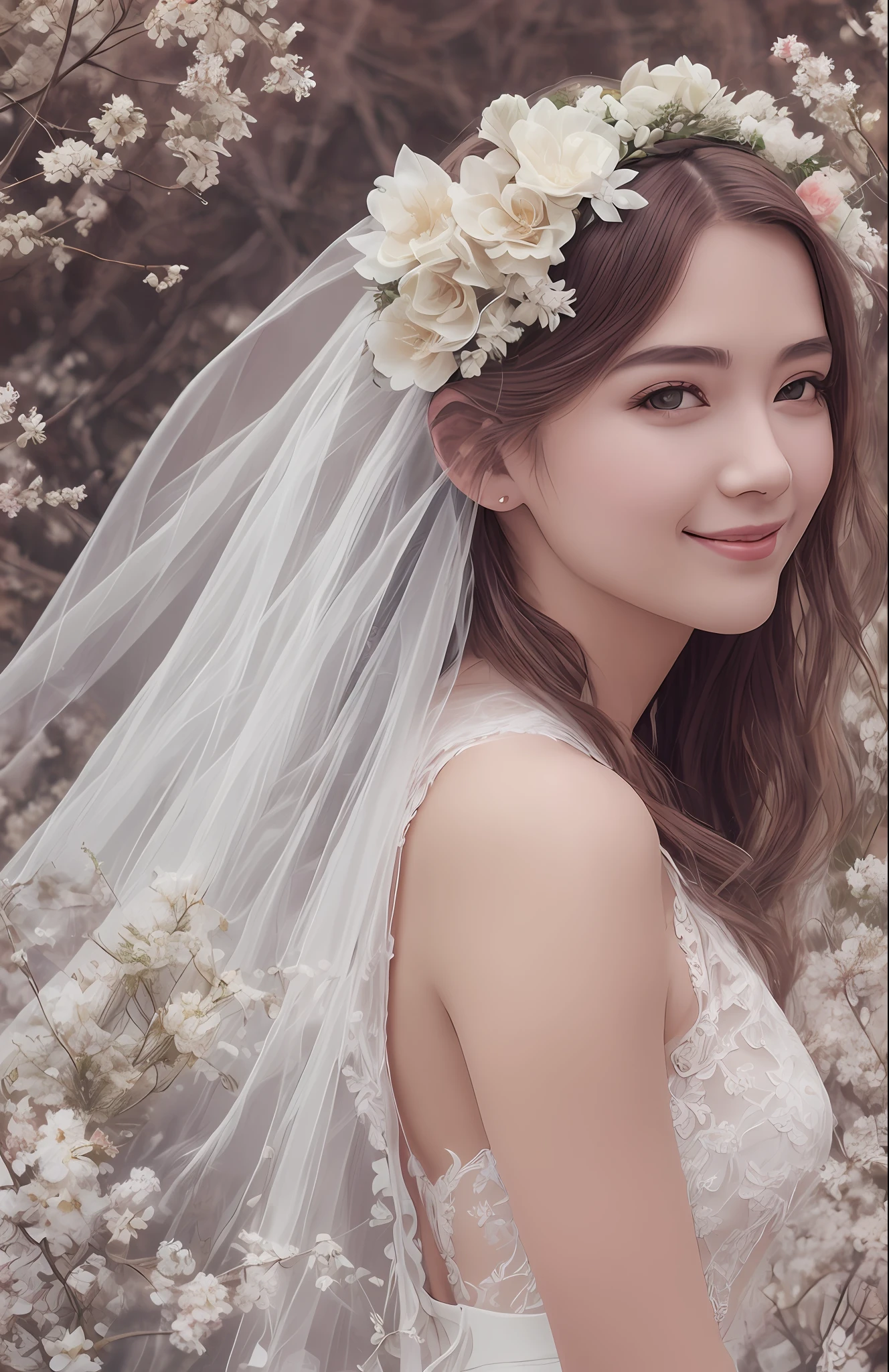 Masterpiece, highest quality, solo focus, complex
(High detail: 1.1) (Perfect face: 1.1) white wedding dress, pretty Japan woman, smile, lace, veil, fantasy, white flowers on head, meadow,
Viking origin, glowing eyes, full body, back figure, turn around, Lee Jeff
Leeds Nikon D850 Film Stock Photo 4 |
Kodak Portra 400 Camera F1.6 Lens
Rich colors Ultra realistic
Realistic textures Dramatic lighting
Unreal Engine
Trending at Art Station CineStill
800 --auto